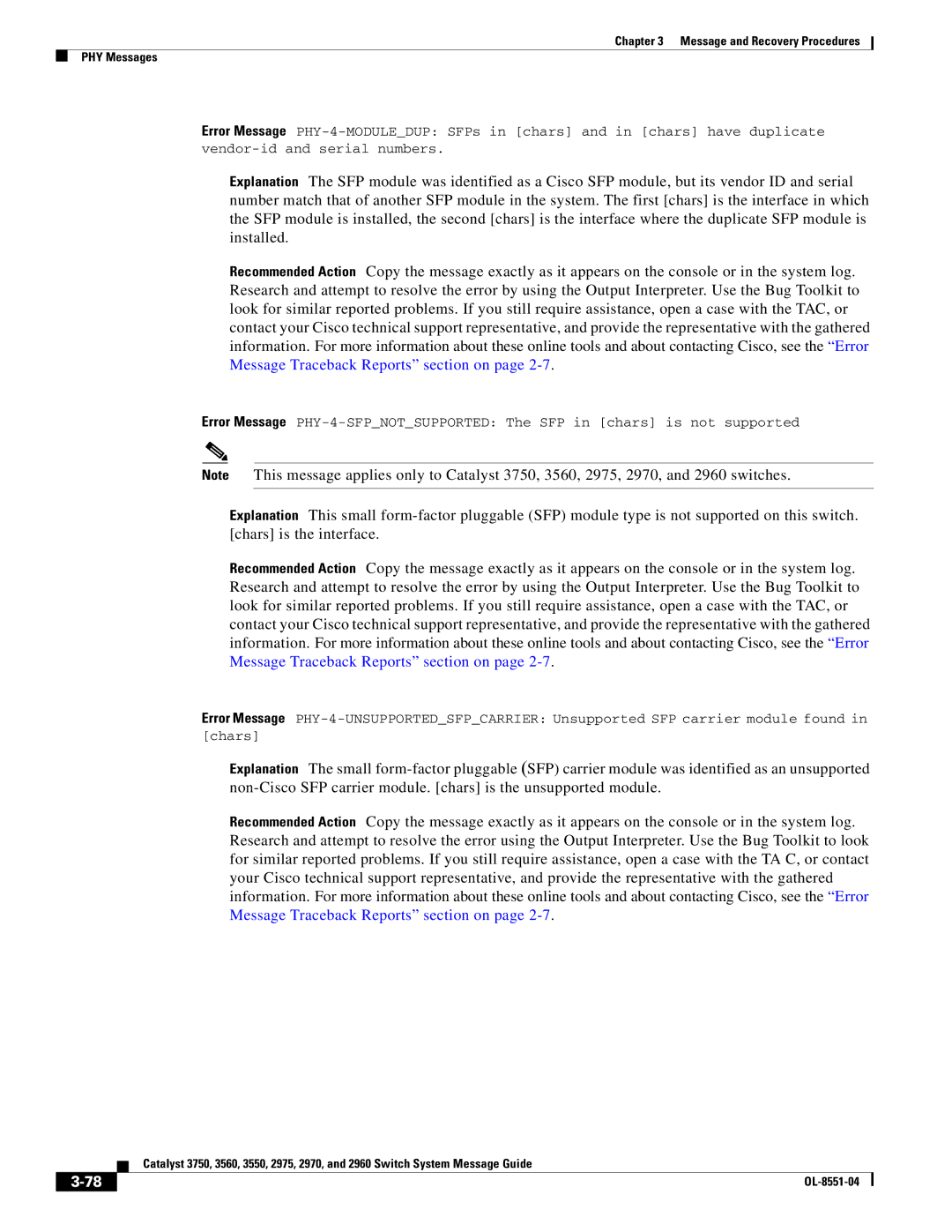 Cisco Systems 3750 manual Message and Recovery Procedures PHY Messages 