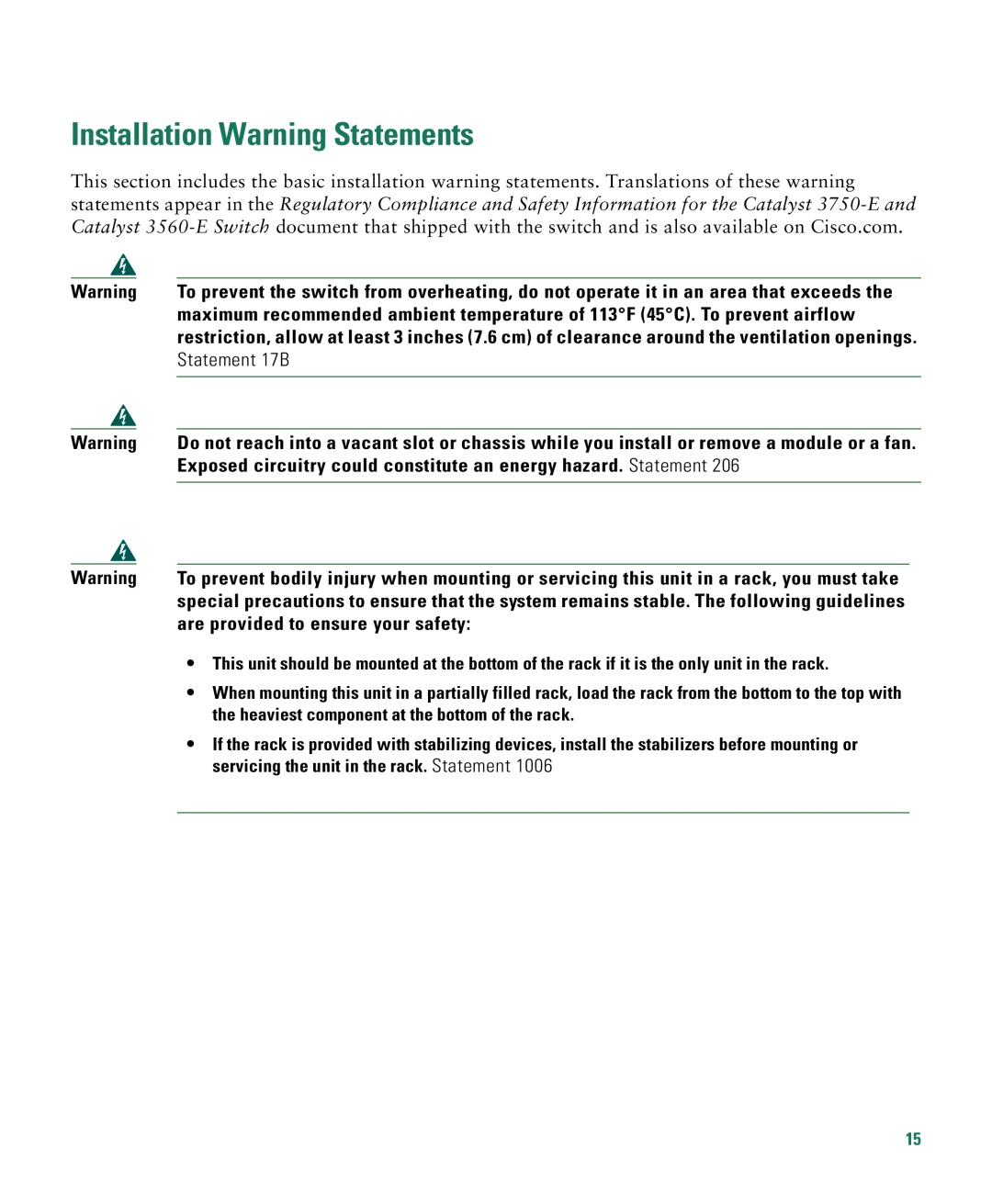Cisco Systems 3750E-48PD-F manual Installation Warning Statements 