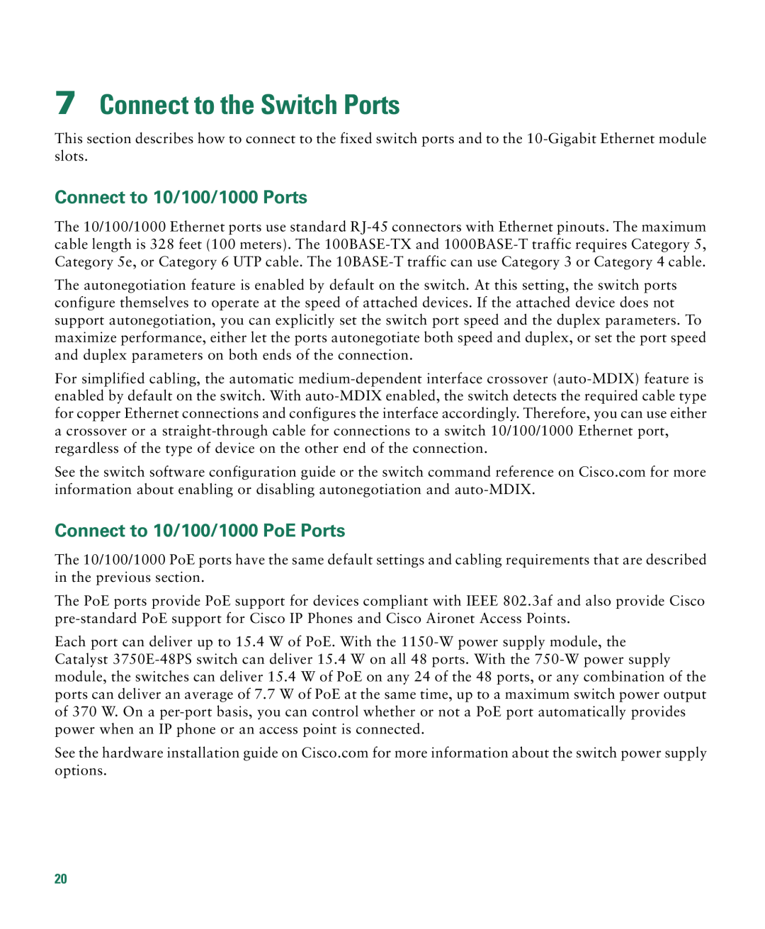 Cisco Systems 3750E-48PD-F Connect to the Switch Ports, Connect to 10/100/1000 Ports, Connect to 10/100/1000 PoE Ports 