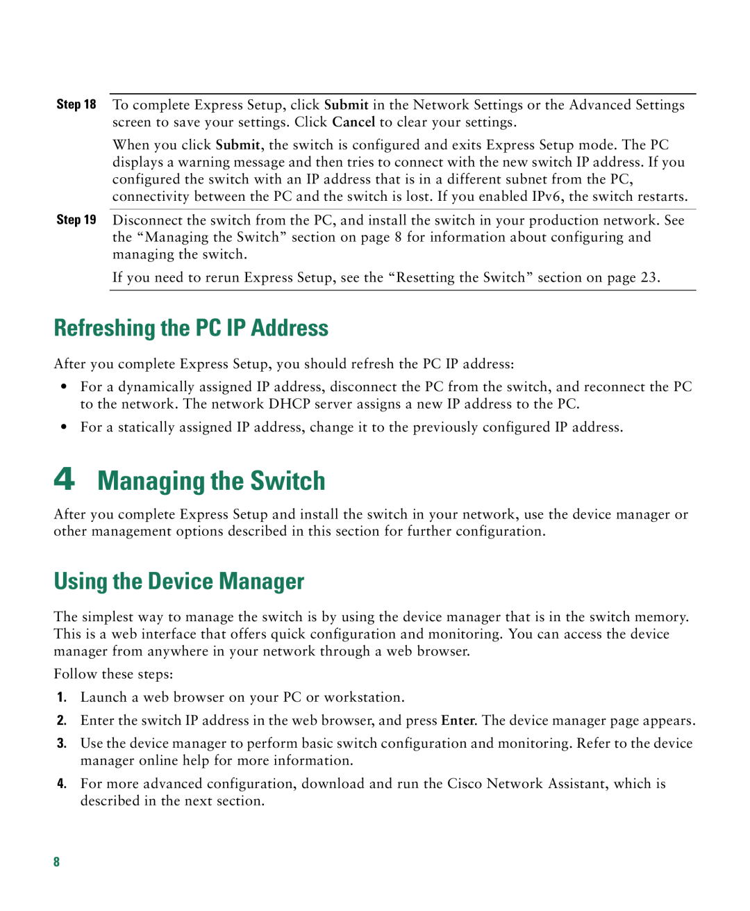 Cisco Systems 3750E-48PD-F manual Managing the Switch, Refreshing the PC IP Address, Using the Device Manager 