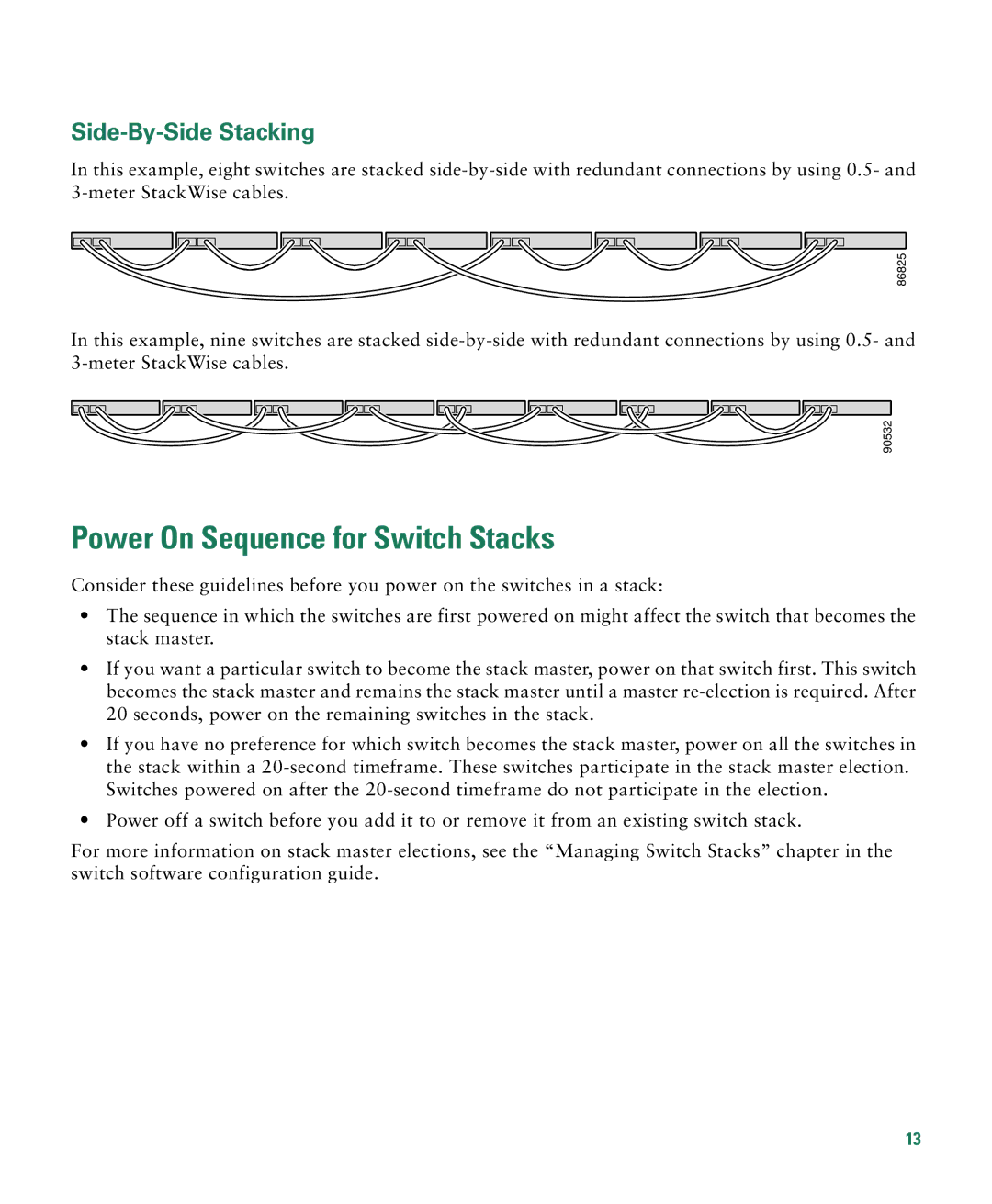 Cisco Systems 3750E-48PD-F manual Power On Sequence for Switch Stacks, Side-By-Side Stacking 