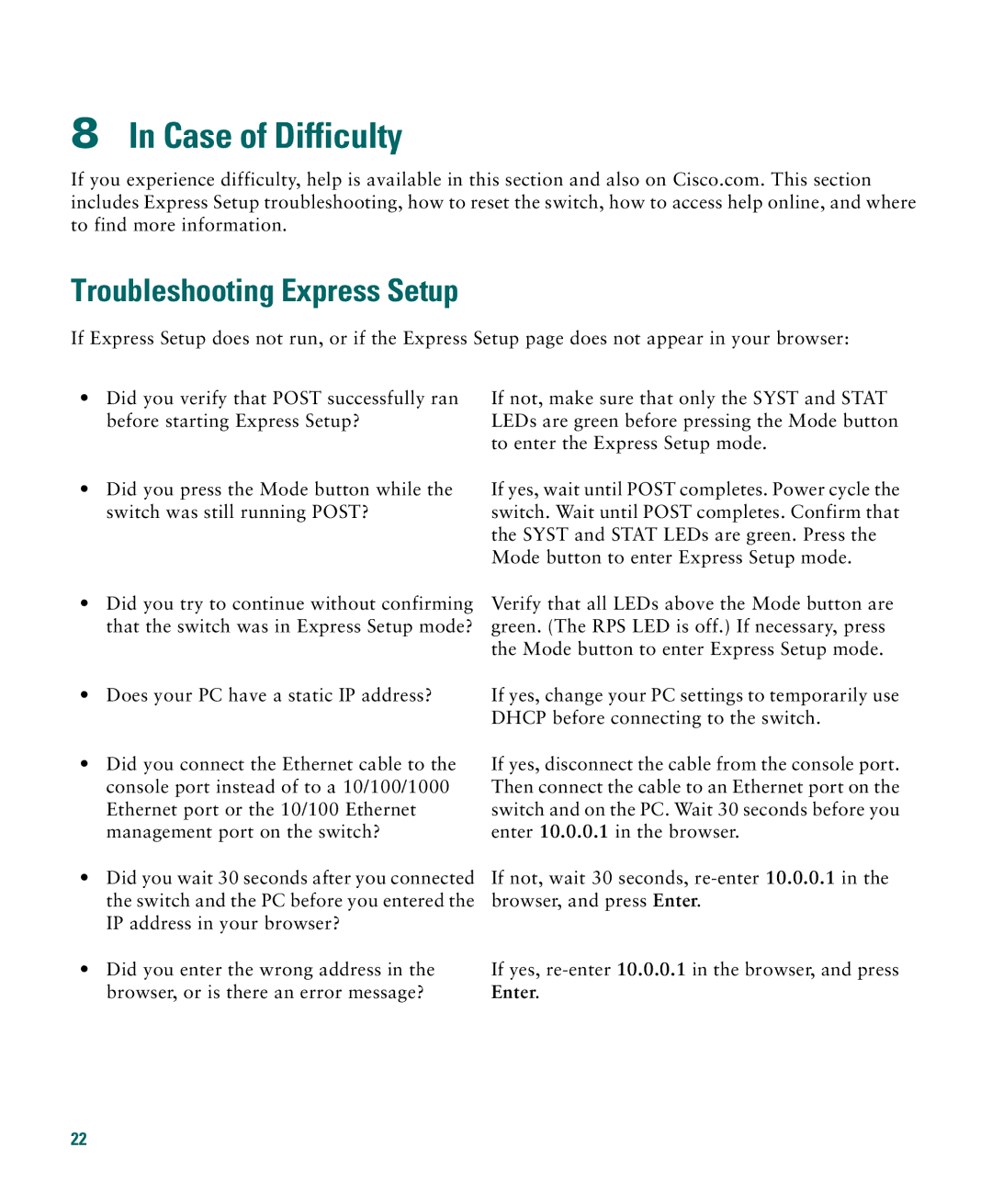 Cisco Systems 3750E-48PD-F manual Case of Difficulty, Troubleshooting Express Setup 