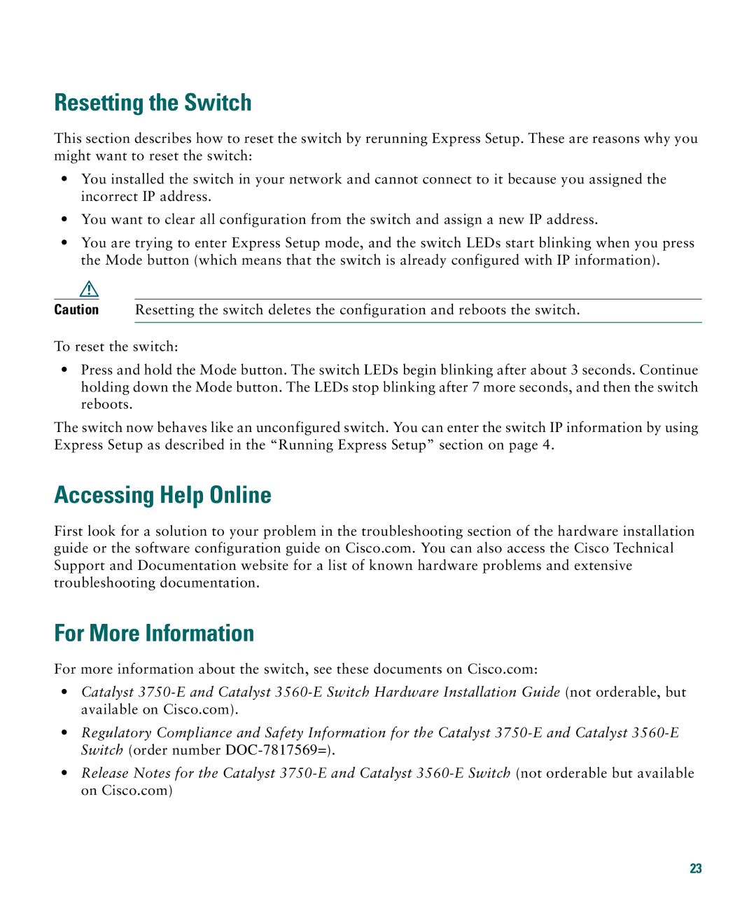 Cisco Systems 3750E-48PD-F manual Resetting the Switch, Accessing Help Online, For More Information 