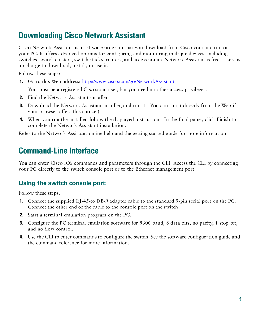 Cisco Systems 3750E-48PD-F Downloading Cisco Network Assistant, Command-Line Interface, Using the switch console port 