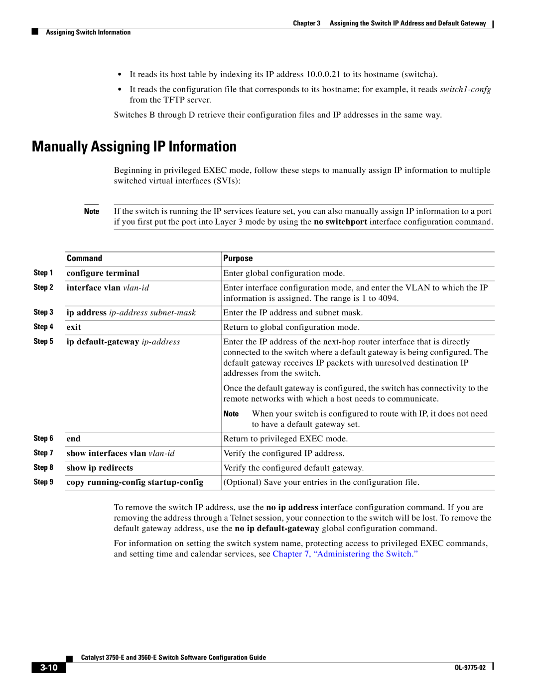 Cisco Systems 3750E manual Manually Assigning IP Information 