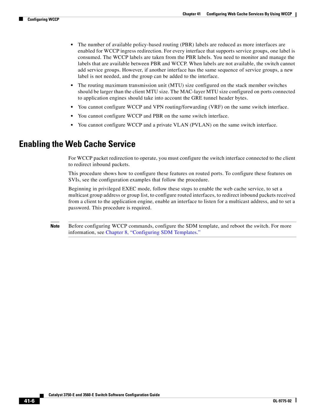 Cisco Systems 3750E manual Enabling the Web Cache Service, 41-6 