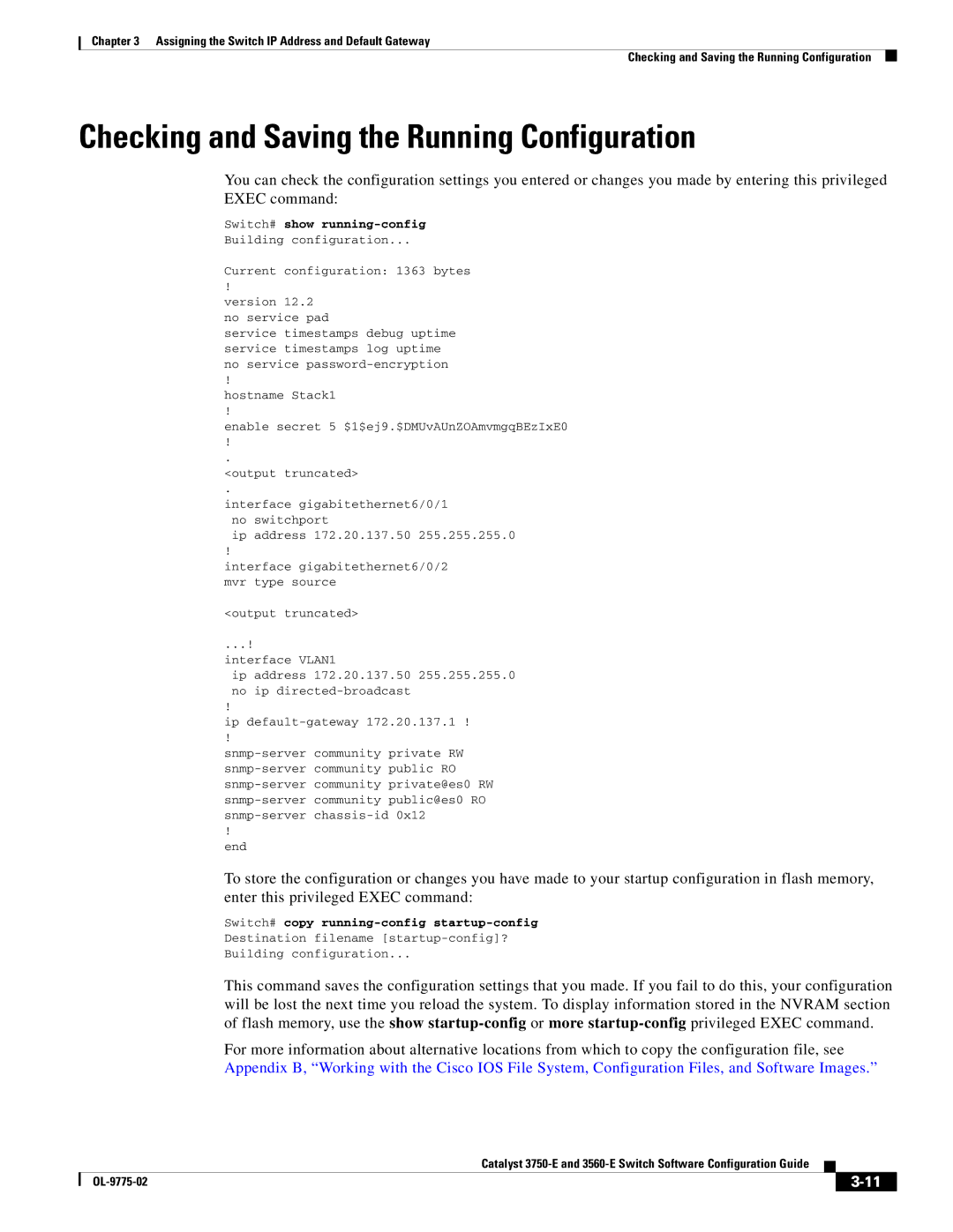 Cisco Systems 3750E manual Checking and Saving the Running Configuration, Switch# show running-config 