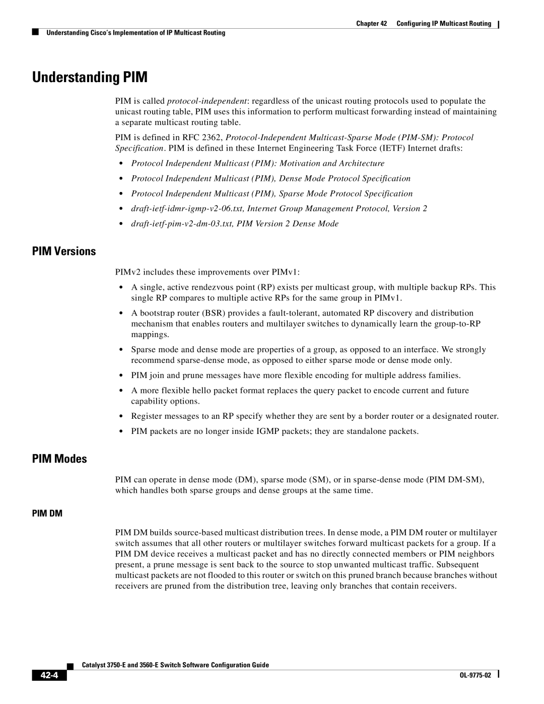 Cisco Systems 3750E manual Understanding PIM, PIM Versions, PIM Modes, 42-4 