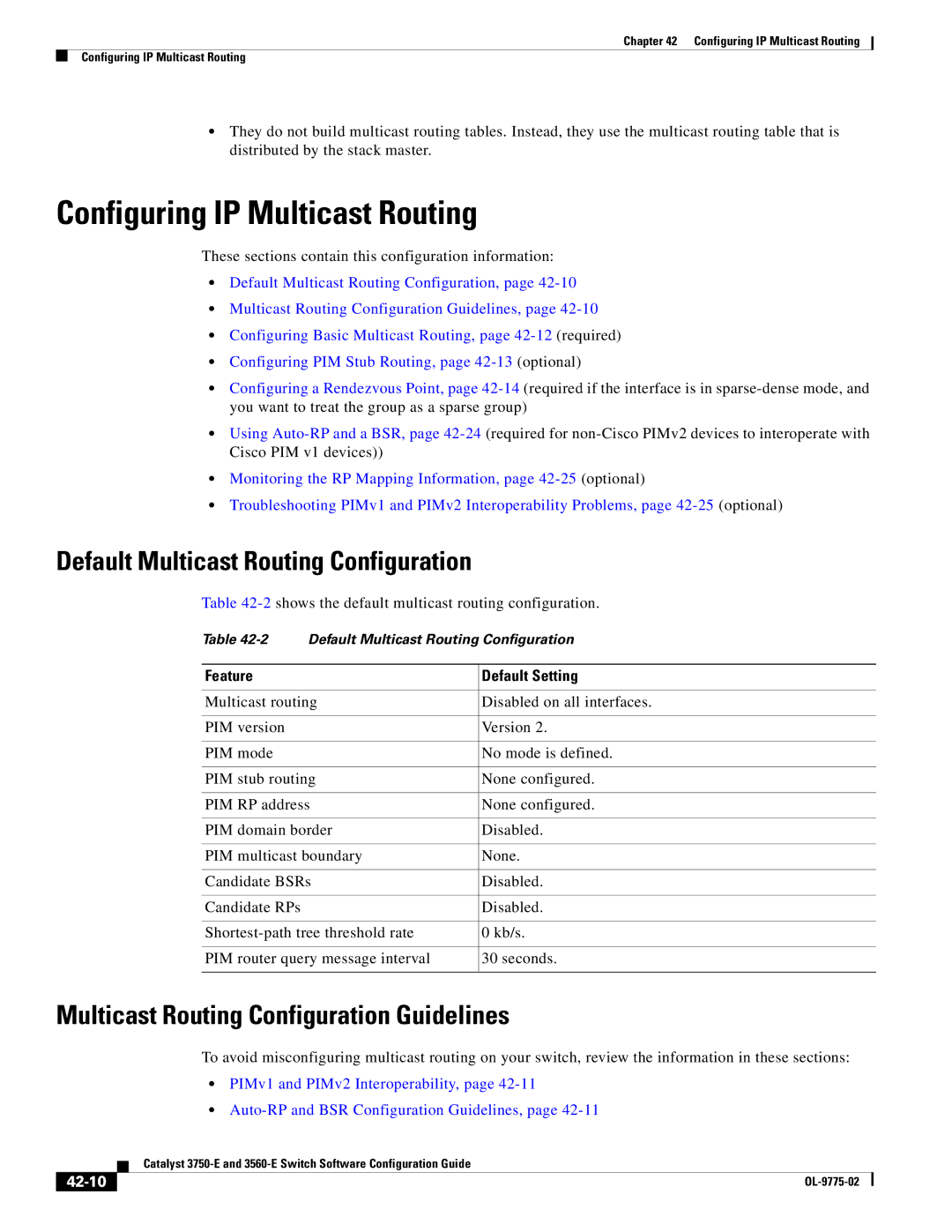 Cisco Systems 3750E manual Configuring IP Multicast Routing, Default Multicast Routing Configuration, 42-10 