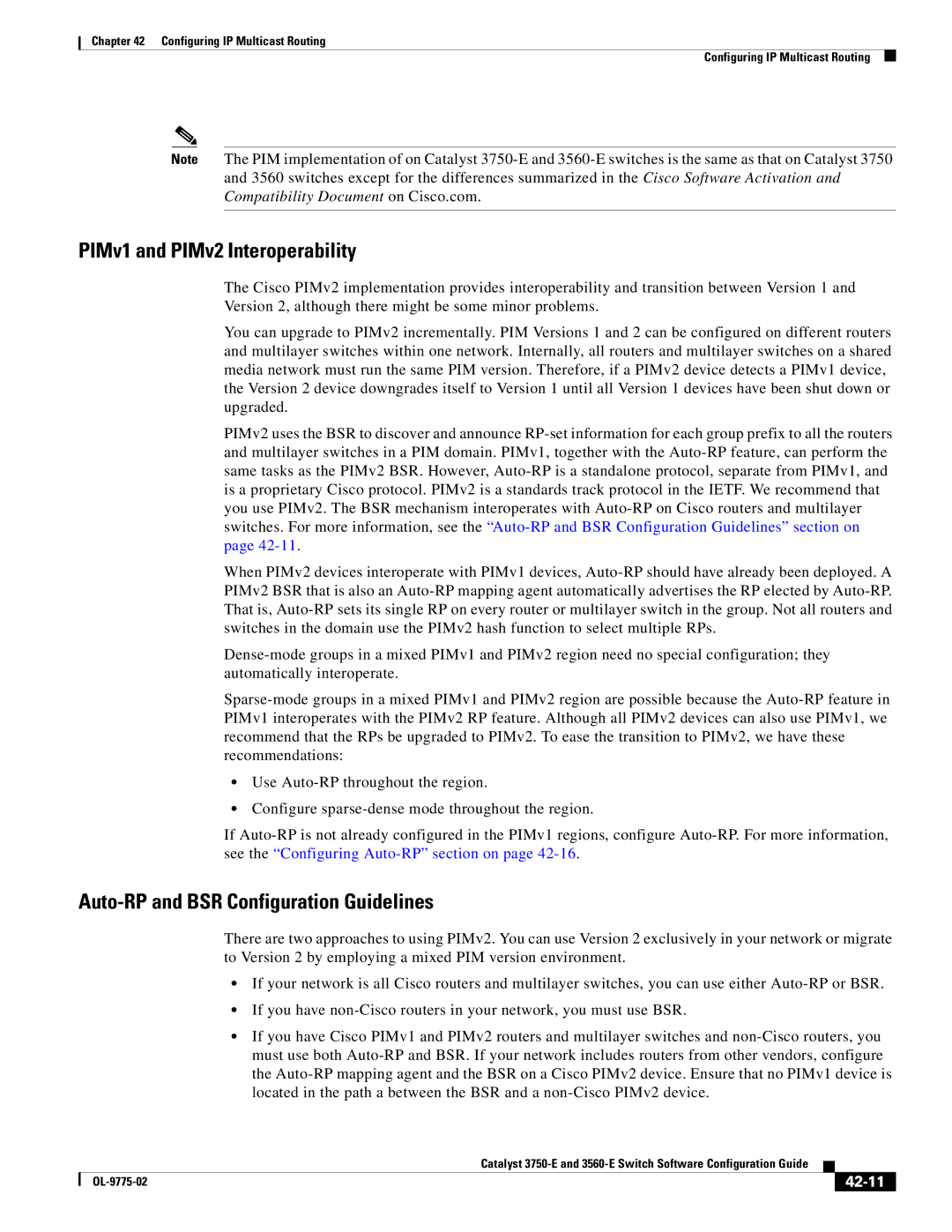 Cisco Systems 3750E manual PIMv1 and PIMv2 Interoperability, Auto-RP and BSR Configuration Guidelines, 42-11 