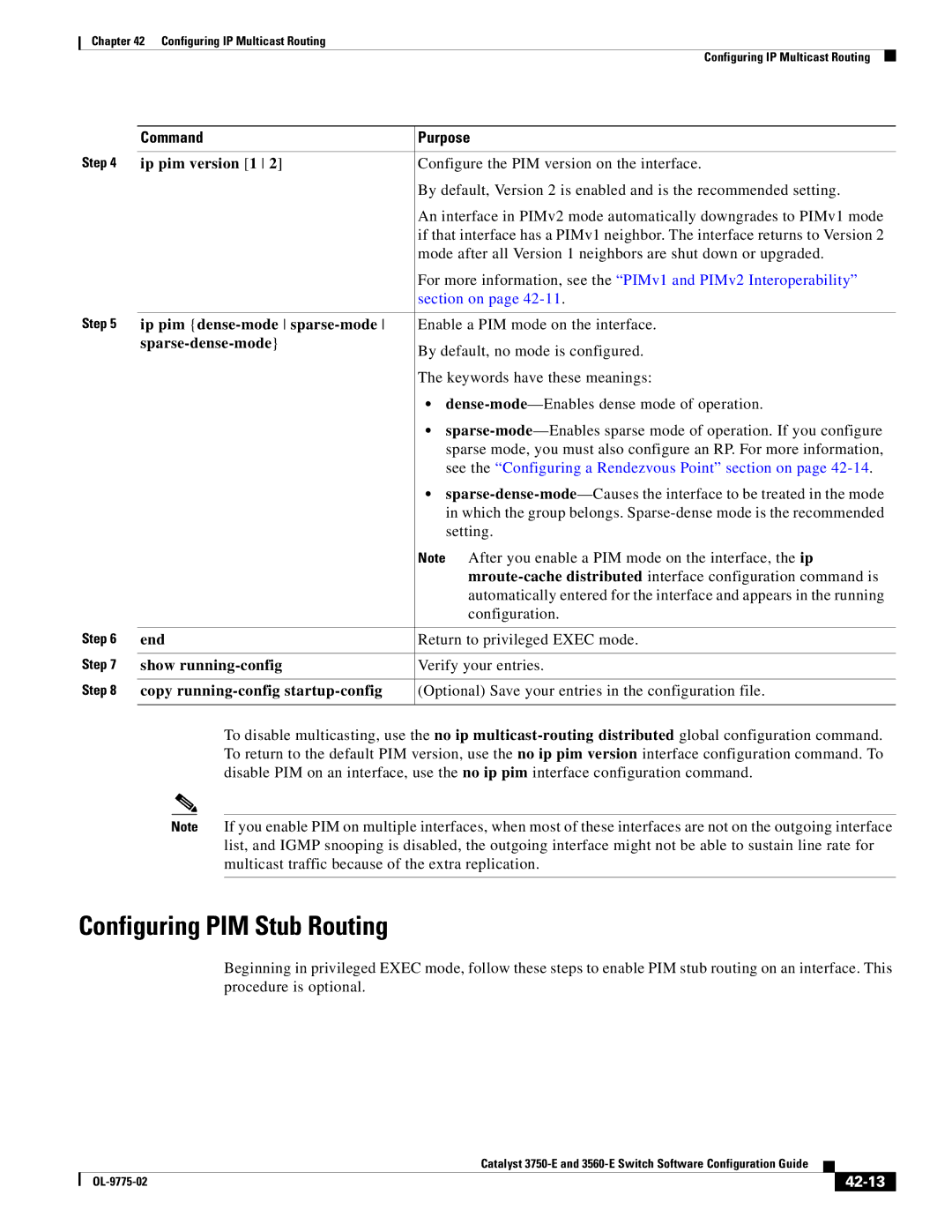 Cisco Systems 3750E manual Configuring PIM Stub Routing, Ip pim version 1, Ip pim dense-mode sparse-mode, Sparse-dense-mode 