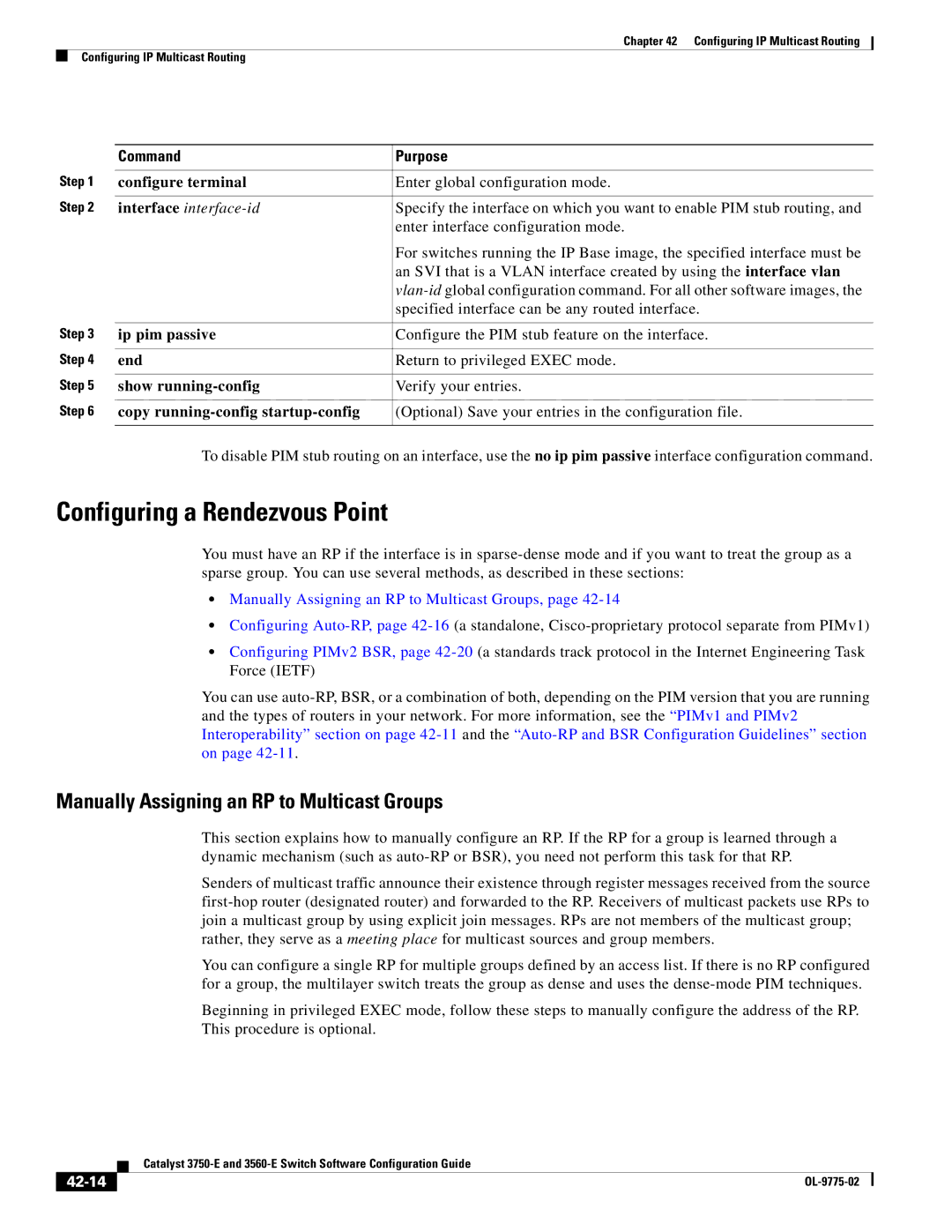 Cisco Systems 3750E Configuring a Rendezvous Point, Manually Assigning an RP to Multicast Groups, Ip pim passive, 42-14 