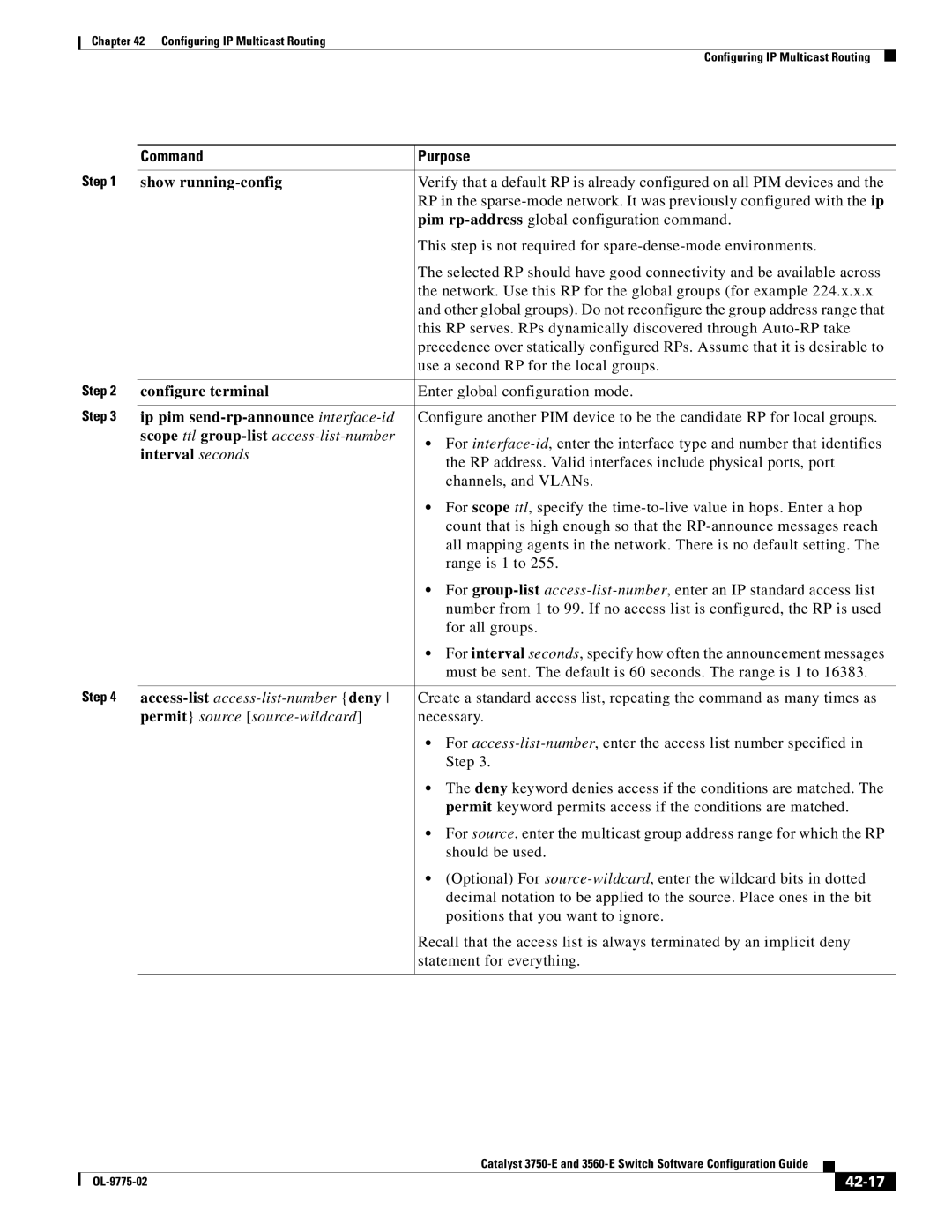 Cisco Systems 3750E Ip pim send-rp-announce interface-id, Scope ttl group-list access-list-number, Interval seconds, 42-17 