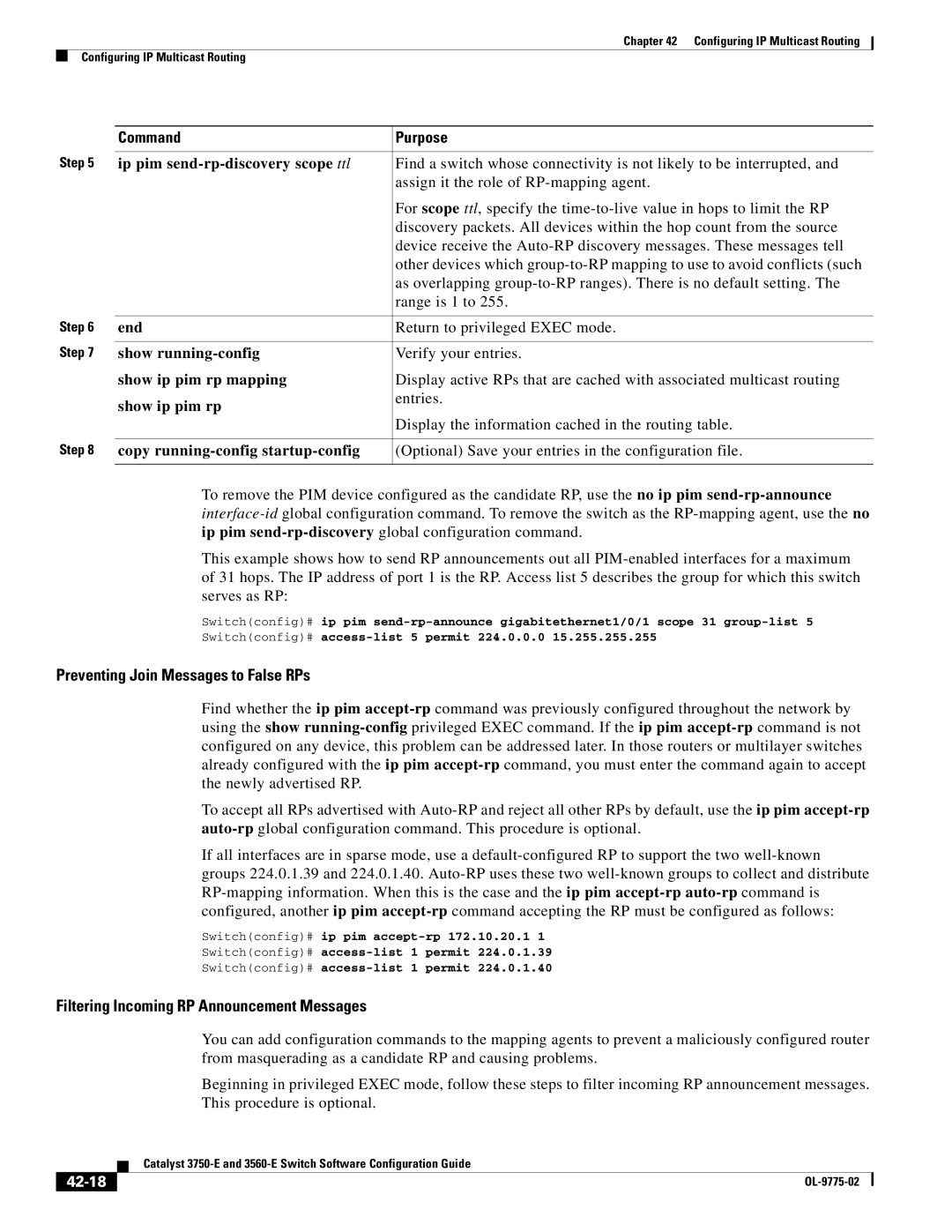 Cisco Systems 3750E manual Ip pim send-rp-discovery scope ttl, Show ip pim rp mapping, 42-18 