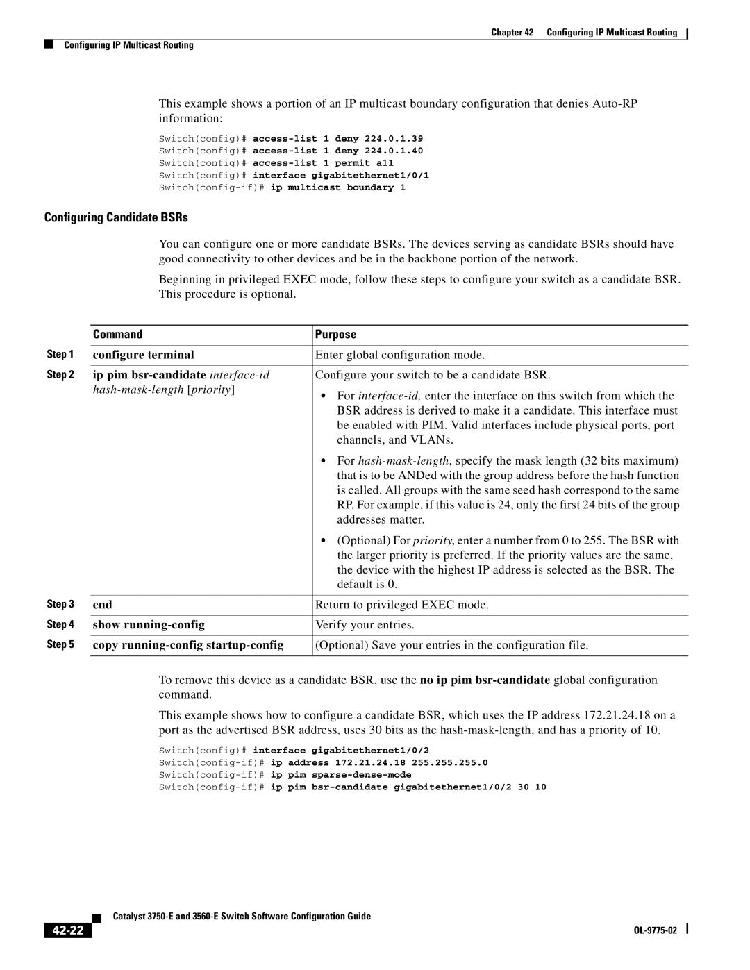 Cisco Systems 3750E manual Ip pim bsr-candidate interface-id, Hash-mask-length priority, 42-22 