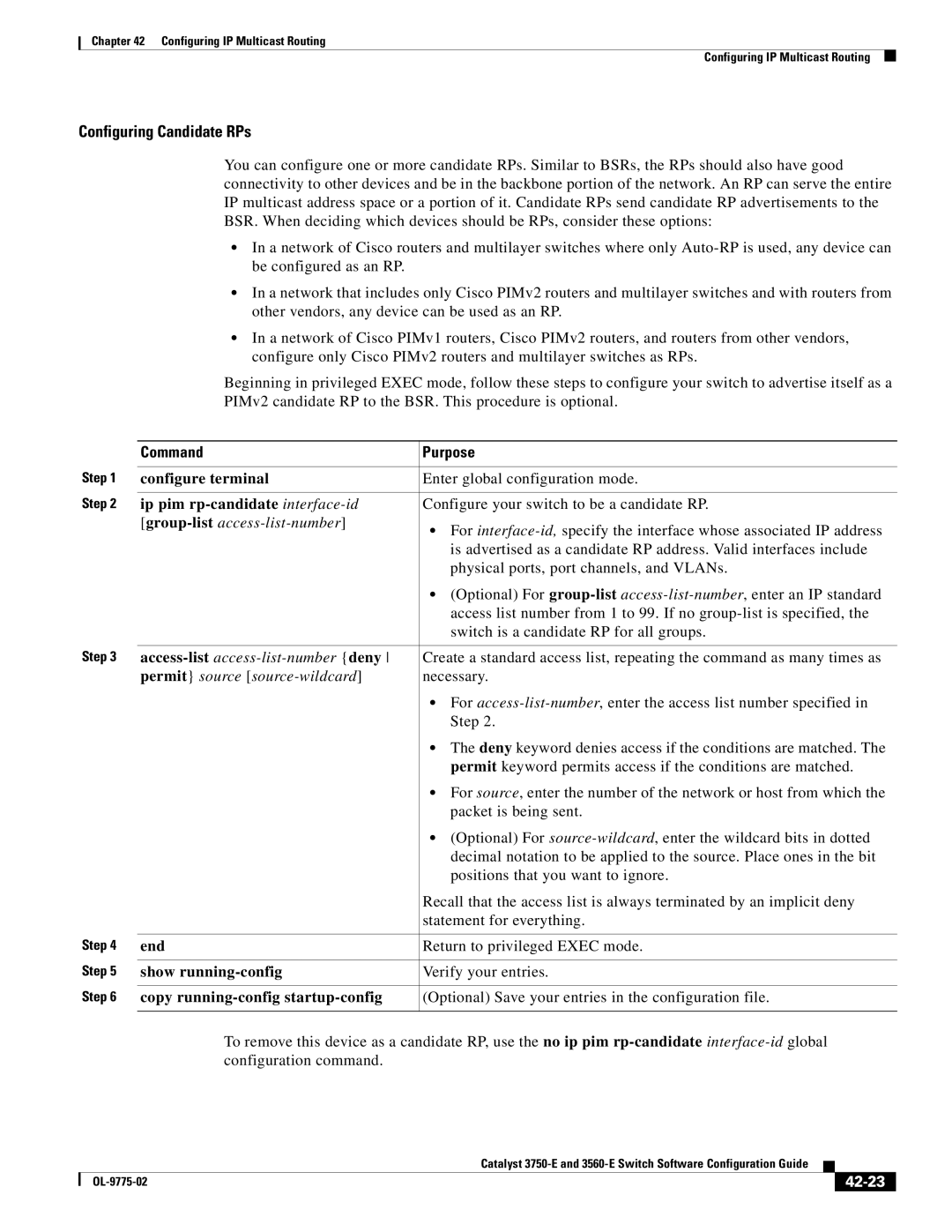 Cisco Systems 3750E manual Ip pim rp-candidate interface-id, Group-list access-list-number, 42-23 