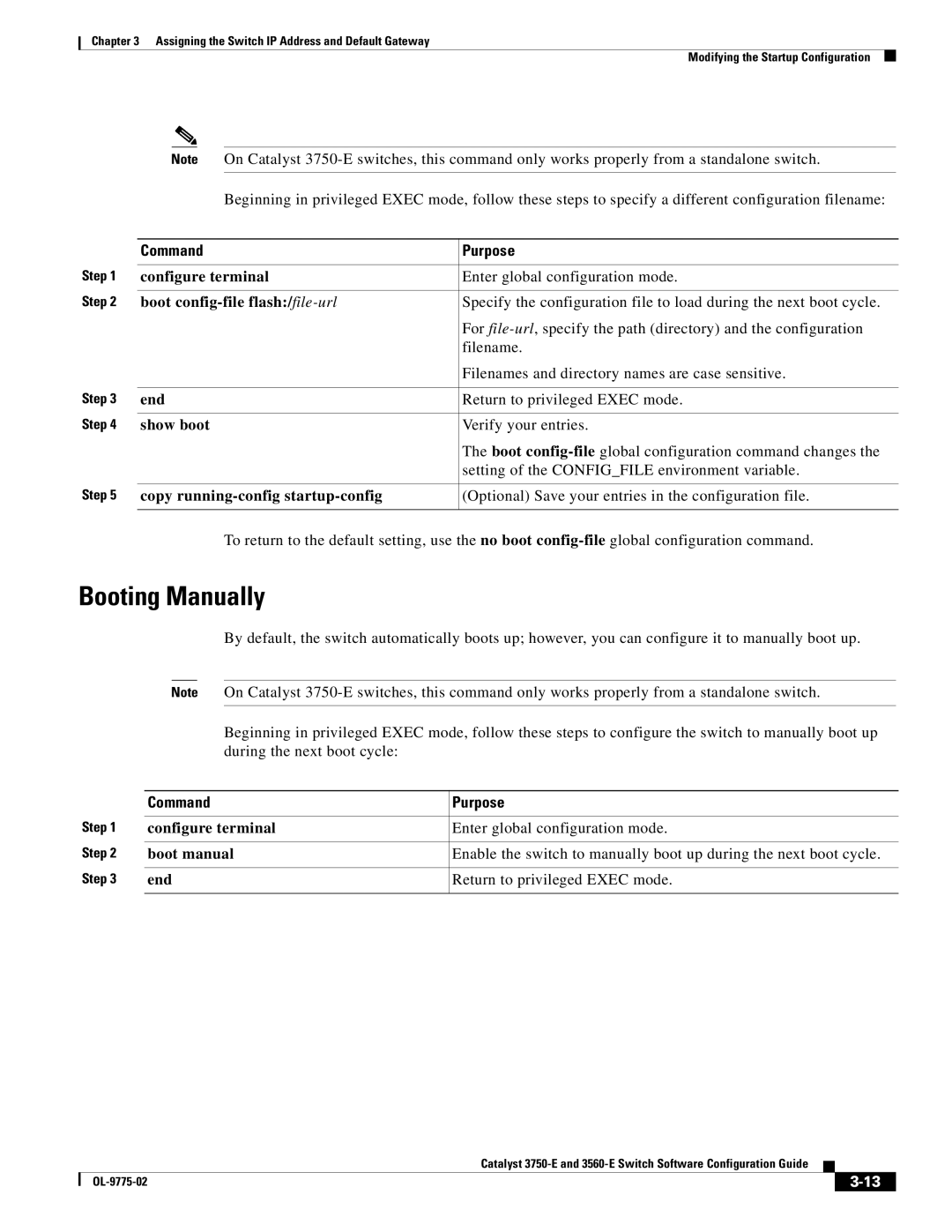Cisco Systems 3750E Booting Manually, Boot config-file flash/ file-url, Show boot, End Return to privileged Exec mode 