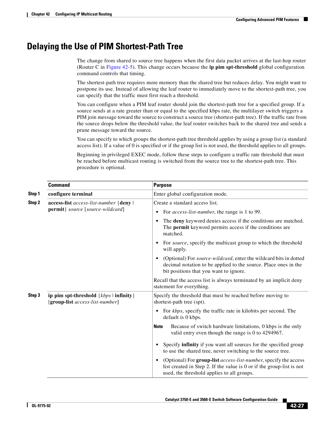 Cisco Systems 3750E manual Delaying the Use of PIM Shortest-Path Tree, Ip pim spt-threshold kbps infinity, 42-27 