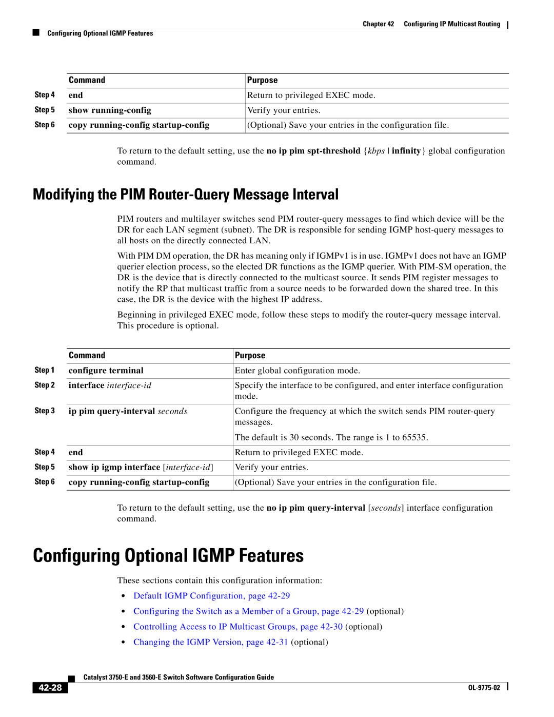 Cisco Systems 3750E manual Configuring Optional Igmp Features, Modifying the PIM Router-Query Message Interval, 42-28 