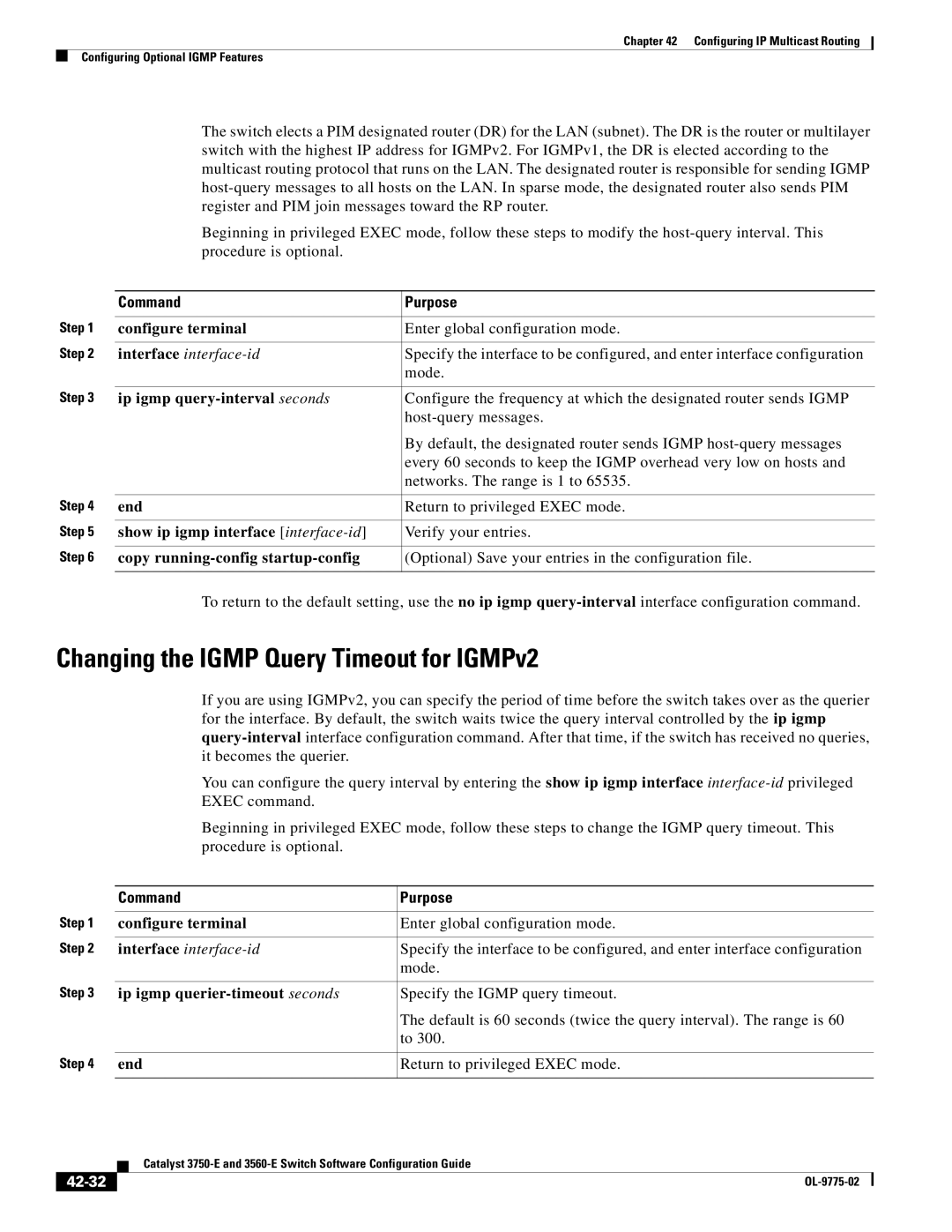 Cisco Systems 3750E manual Changing the Igmp Query Timeout for IGMPv2, Ip igmp query-interval seconds, 42-32 