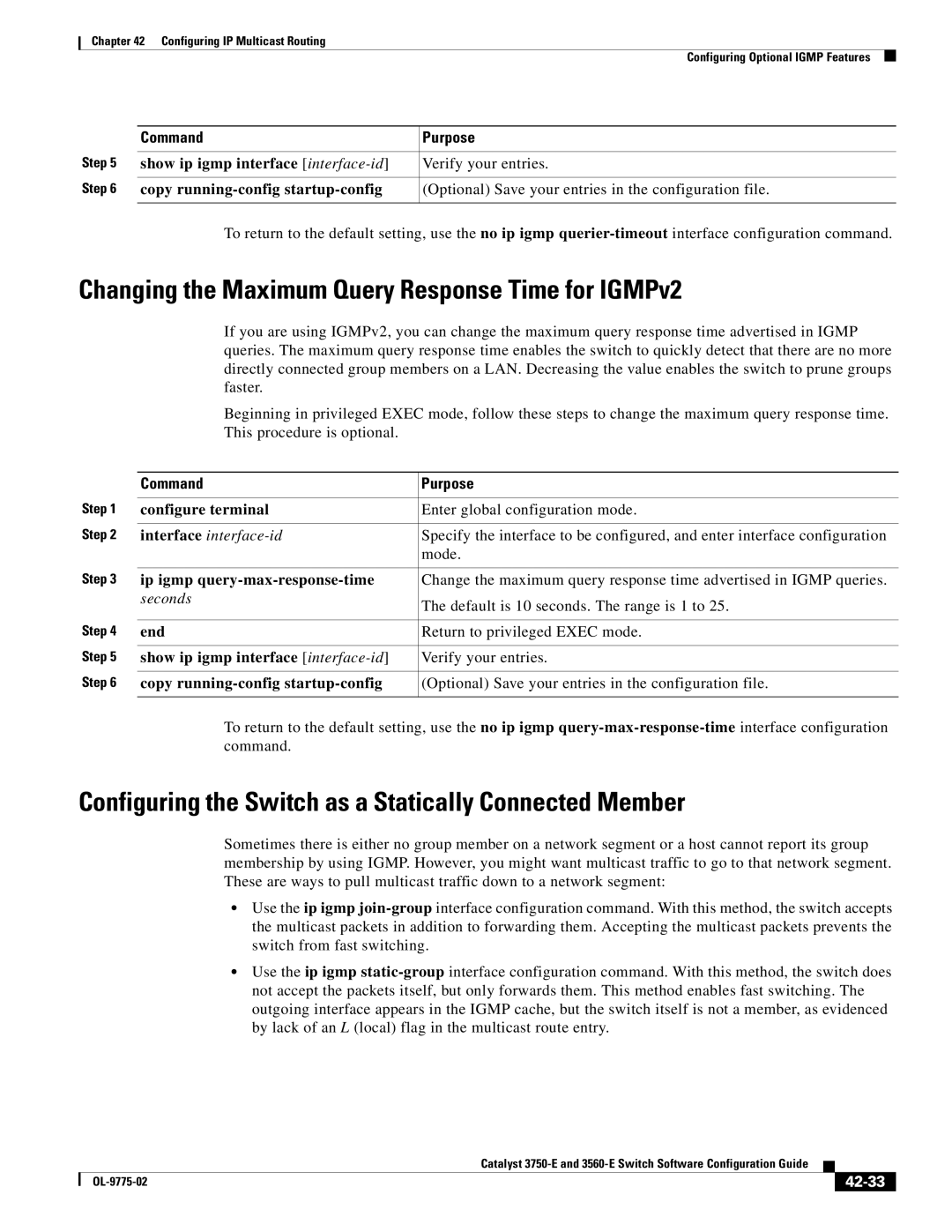 Cisco Systems 3750E manual Changing the Maximum Query Response Time for IGMPv2, Ip igmp query-max-response-time, 42-33 