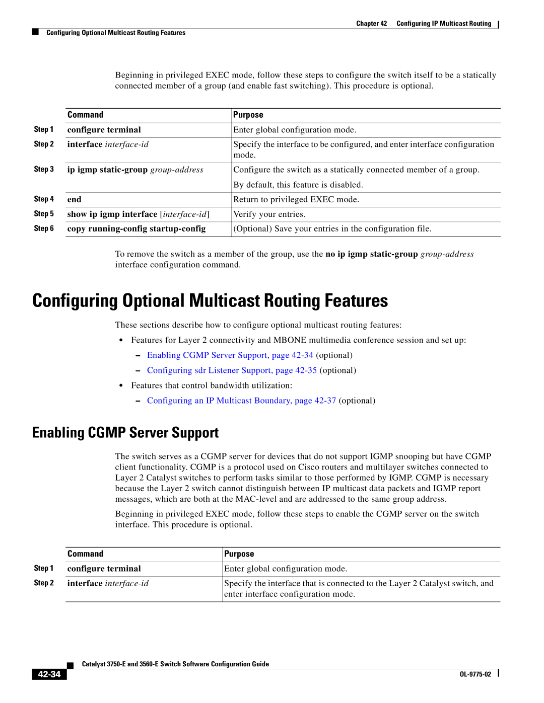 Cisco Systems 3750E manual Configuring Optional Multicast Routing Features, Enabling Cgmp Server Support, 42-34 