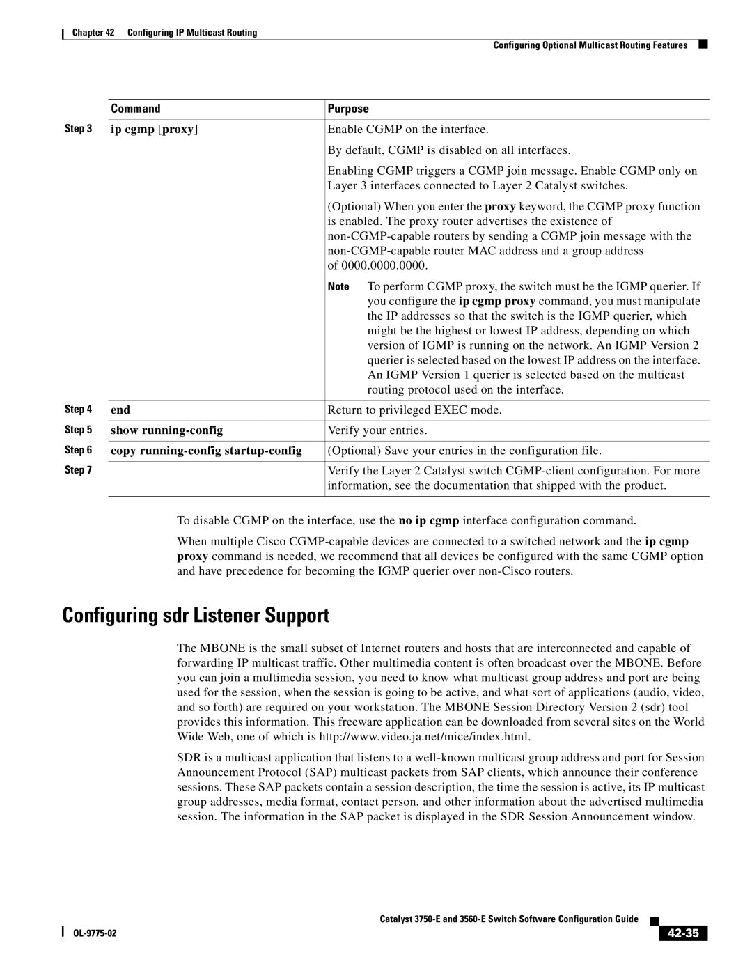 Cisco Systems 3750E manual Configuring sdr Listener Support, Ip cgmp proxy, 42-35 