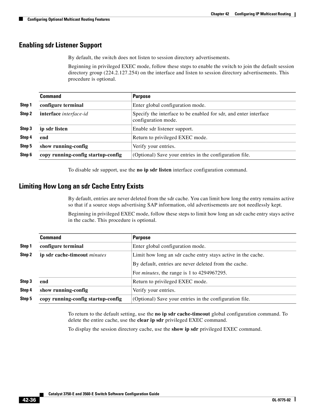 Cisco Systems 3750E manual Enabling sdr Listener Support, Limiting How Long an sdr Cache Entry Exists, 42-36 