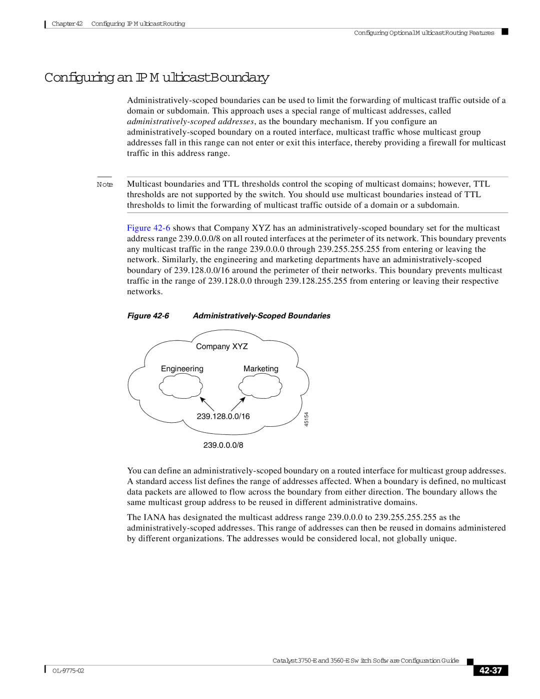 Cisco Systems 3750E manual Configuring an IP Multicast Boundary, 42-37 