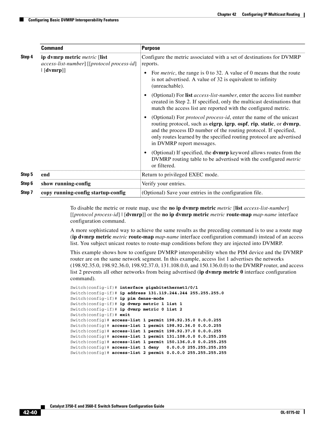 Cisco Systems 3750E manual Ip dvmrp metric metric list, 42-40 