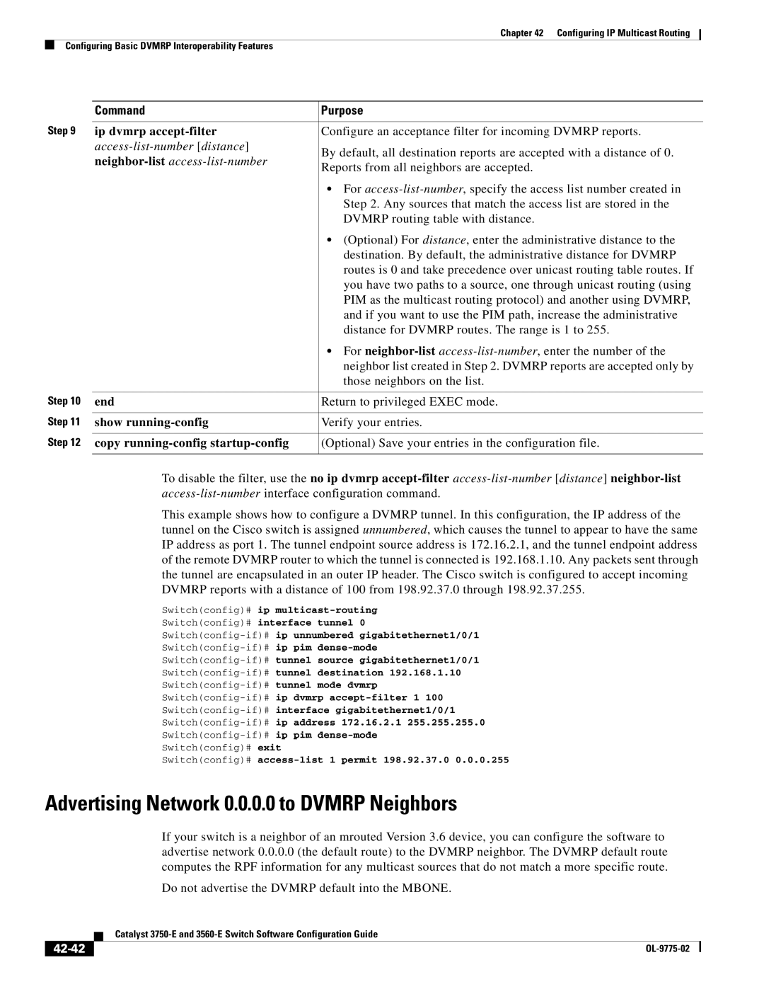 Cisco Systems 3750E Advertising Network 0.0.0.0 to Dvmrp Neighbors, Ip dvmrp accept-filter, Access-list-number distance 