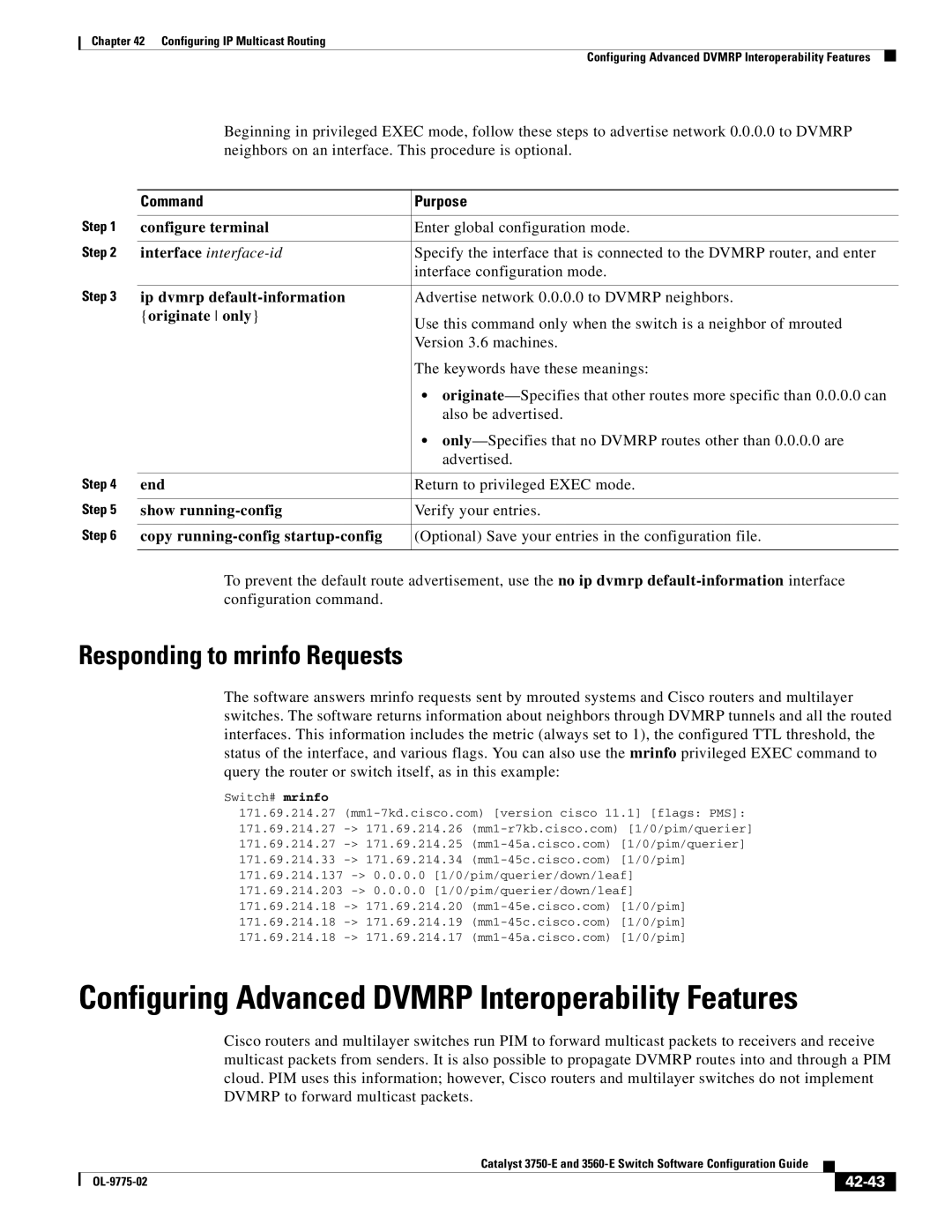 Cisco Systems 3750E Configuring Advanced Dvmrp Interoperability Features, Responding to mrinfo Requests, Originate only 