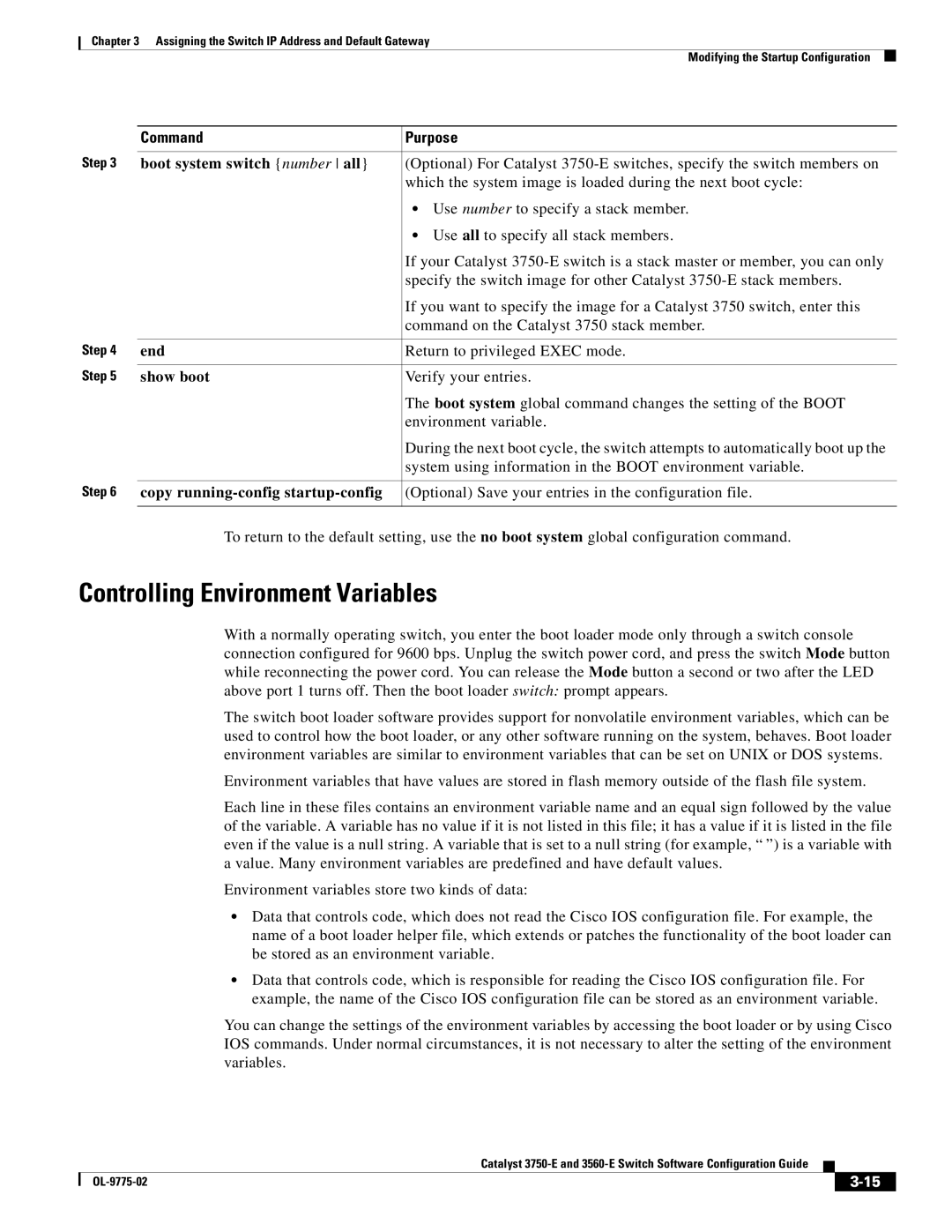 Cisco Systems 3750E manual Controlling Environment Variables, Boot system switch number all 