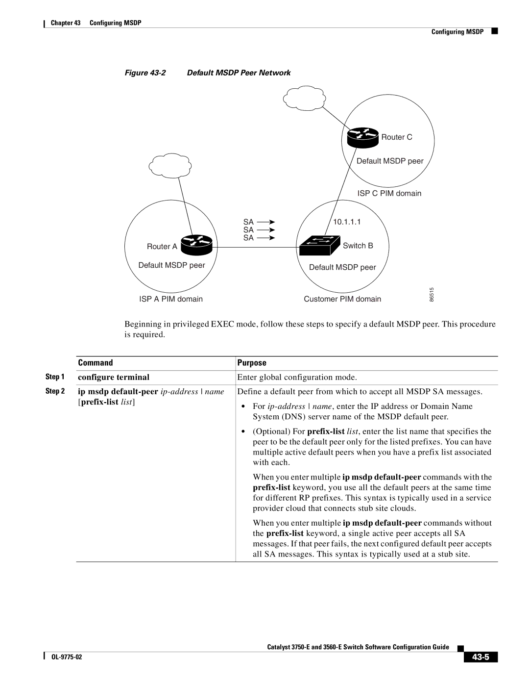 Cisco Systems 3750E manual Ip msdp default-peer ip-address name, Prefix-list list, 43-5 