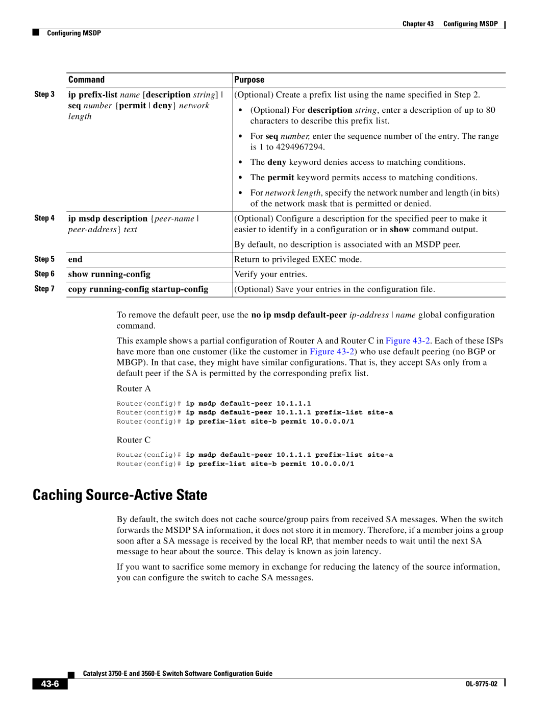 Cisco Systems 3750E Caching Source-Active State, Ip prefix-list name description string, Seq number permit deny network 