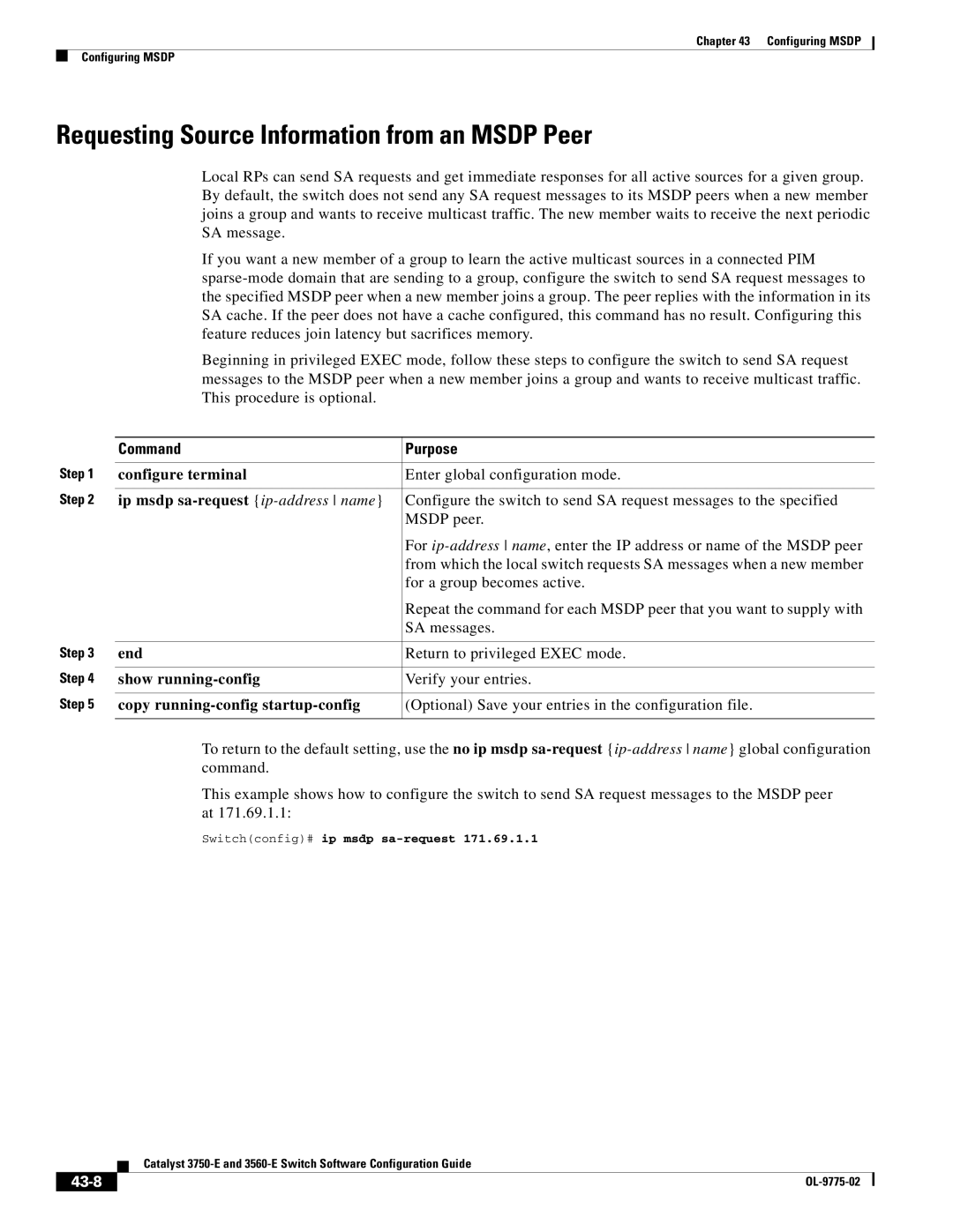 Cisco Systems 3750E manual Requesting Source Information from an Msdp Peer, Ip msdp sa-request ip-address name, 43-8 