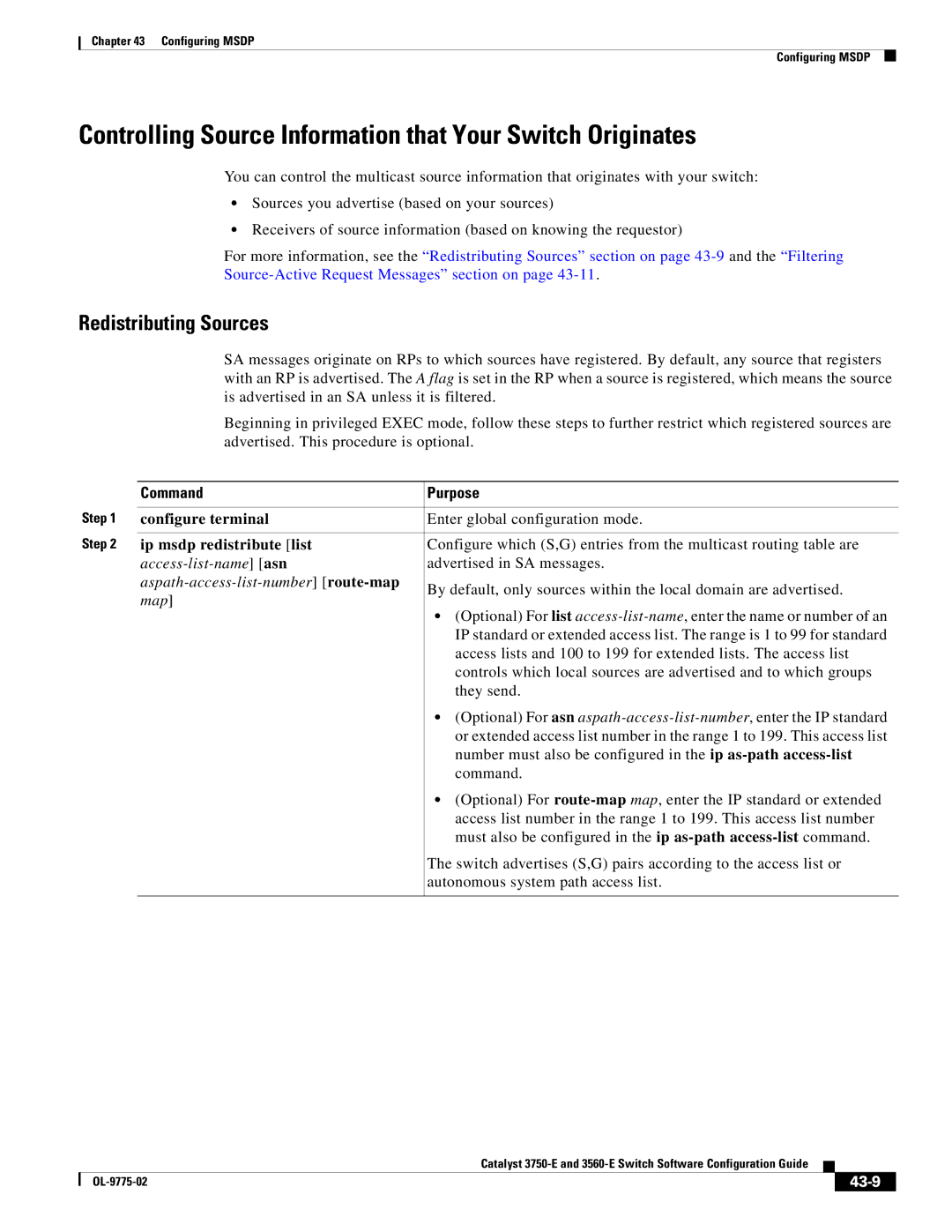 Cisco Systems 3750E manual Controlling Source Information that Your Switch Originates, Redistributing Sources, 43-9 