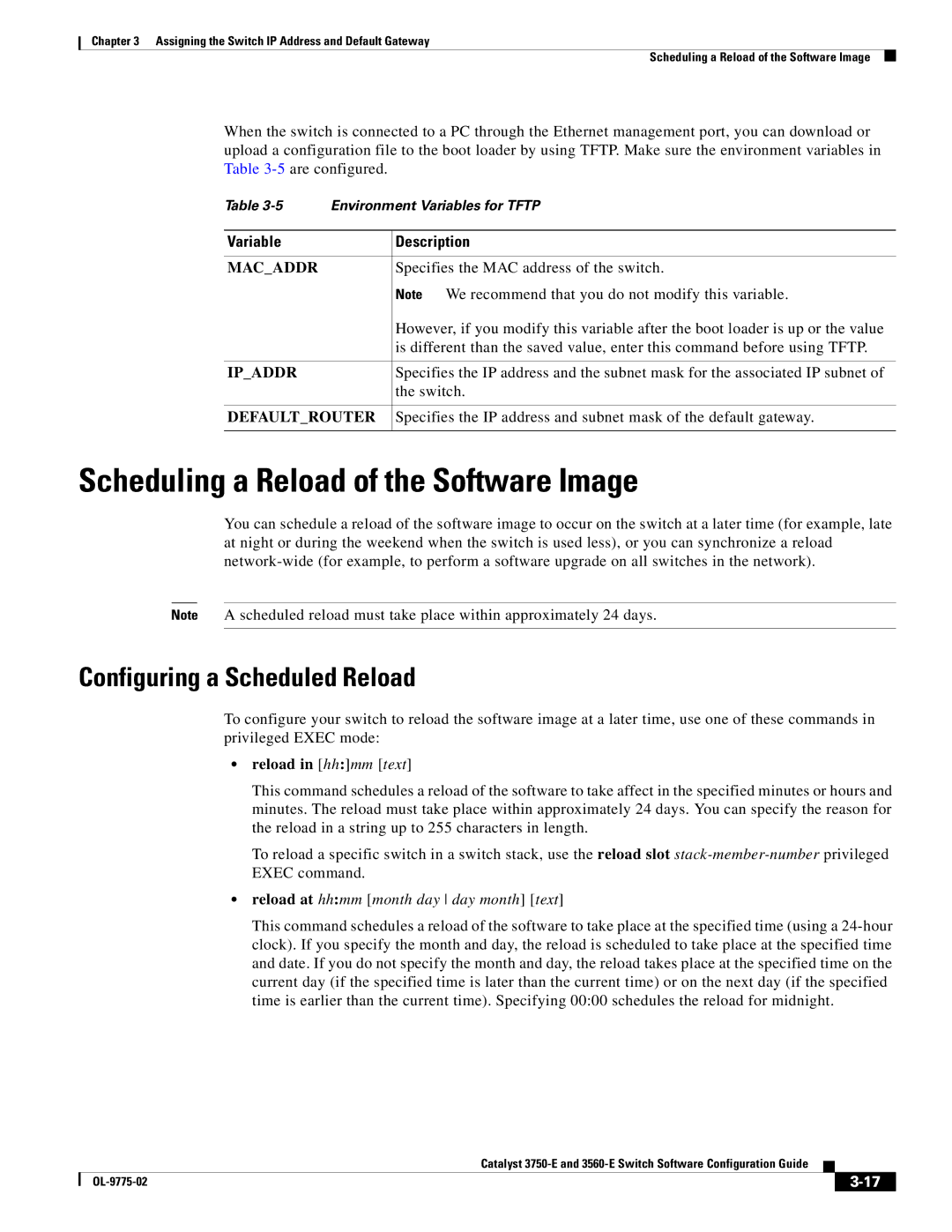 Cisco Systems 3750E manual Scheduling a Reload of the Software Image, Configuring a Scheduled Reload, Variable Description 