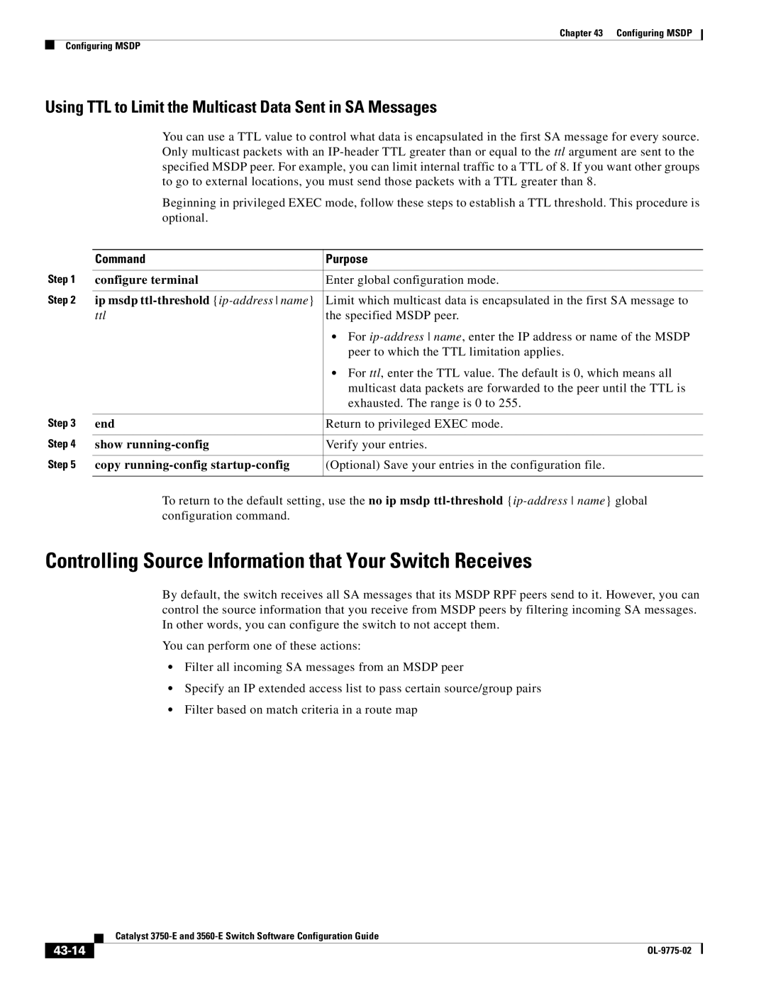 Cisco Systems 3750E Controlling Source Information that Your Switch Receives, Ip msdp ttl-threshold ip-address name, Ttl 