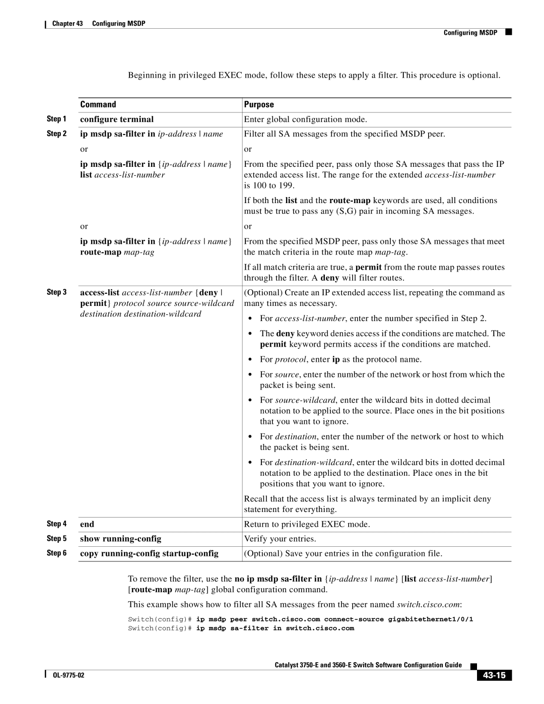 Cisco Systems 3750E manual Ip msdp sa-filter in ip-address name, 43-15, Switchconfig# ip msdp sa-filter in switch.cisco.com 