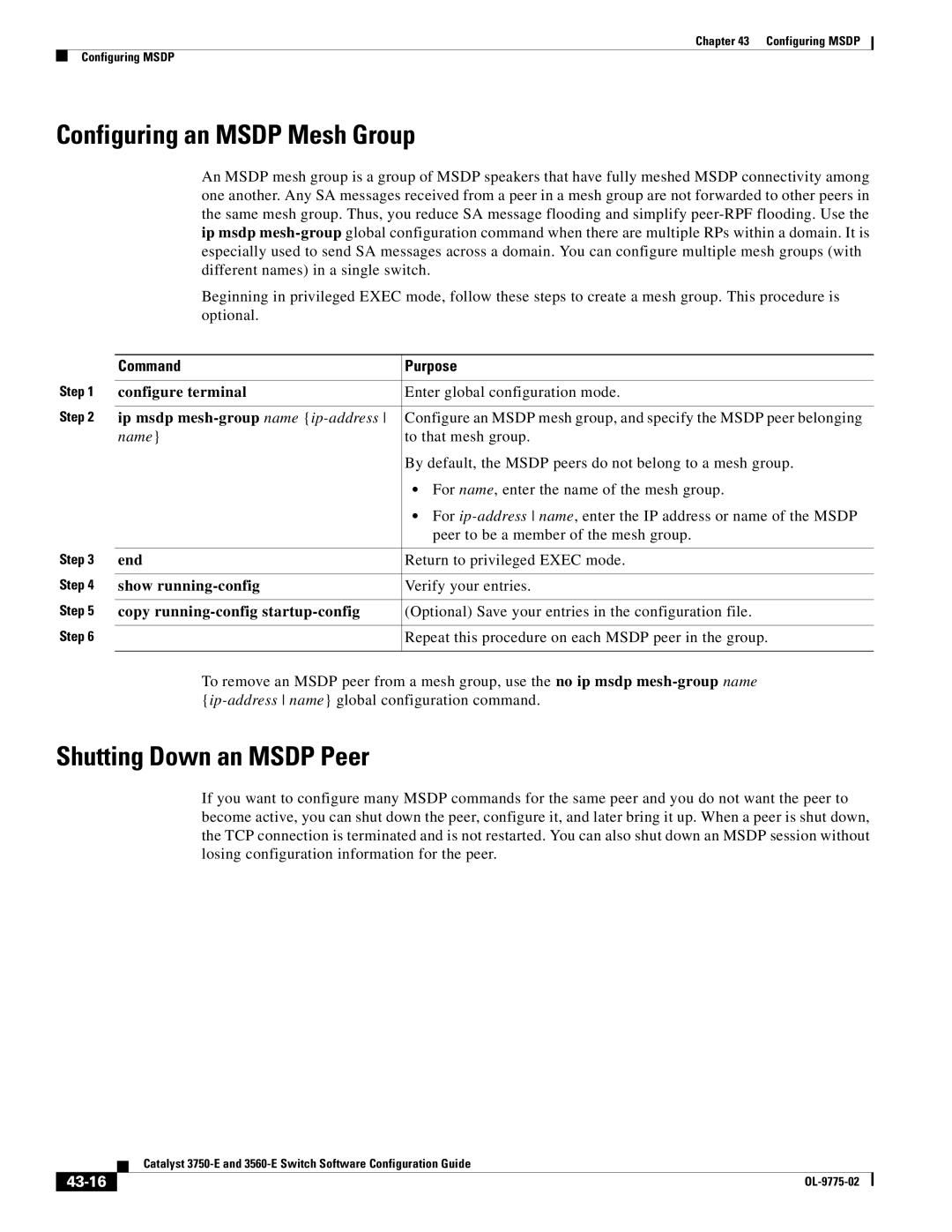 Cisco Systems 3750E Configuring an Msdp Mesh Group, Shutting Down an Msdp Peer, Ip msdp mesh-group name ip-address, 43-16 