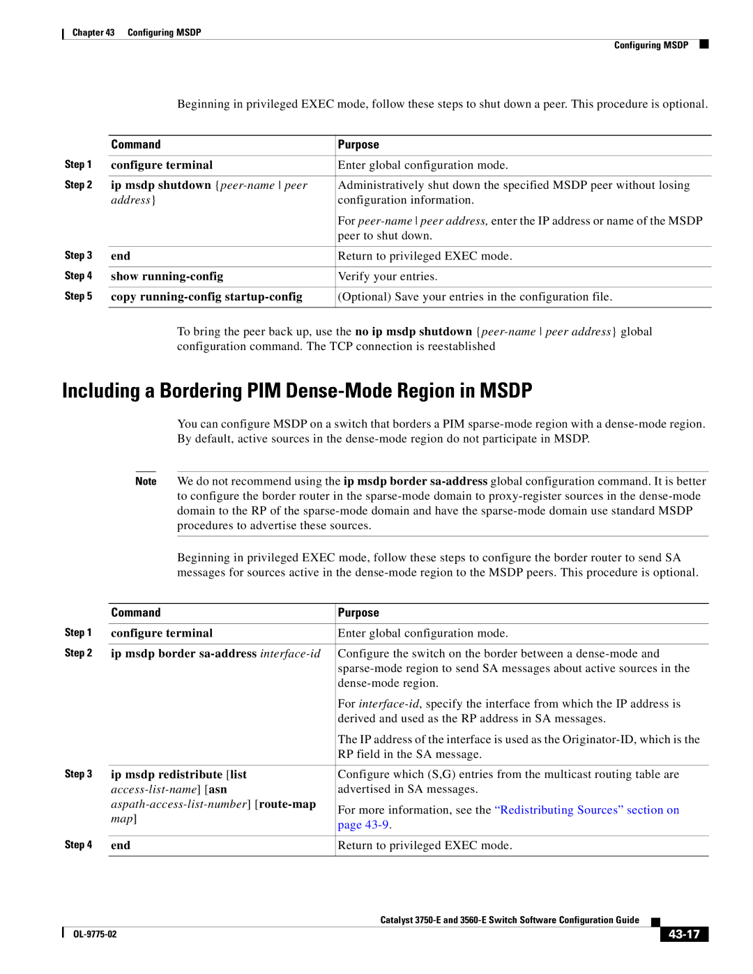 Cisco Systems 3750E manual Including a Bordering PIM Dense-Mode Region in Msdp, Ip msdp shutdown peer-name peer, 43-17 