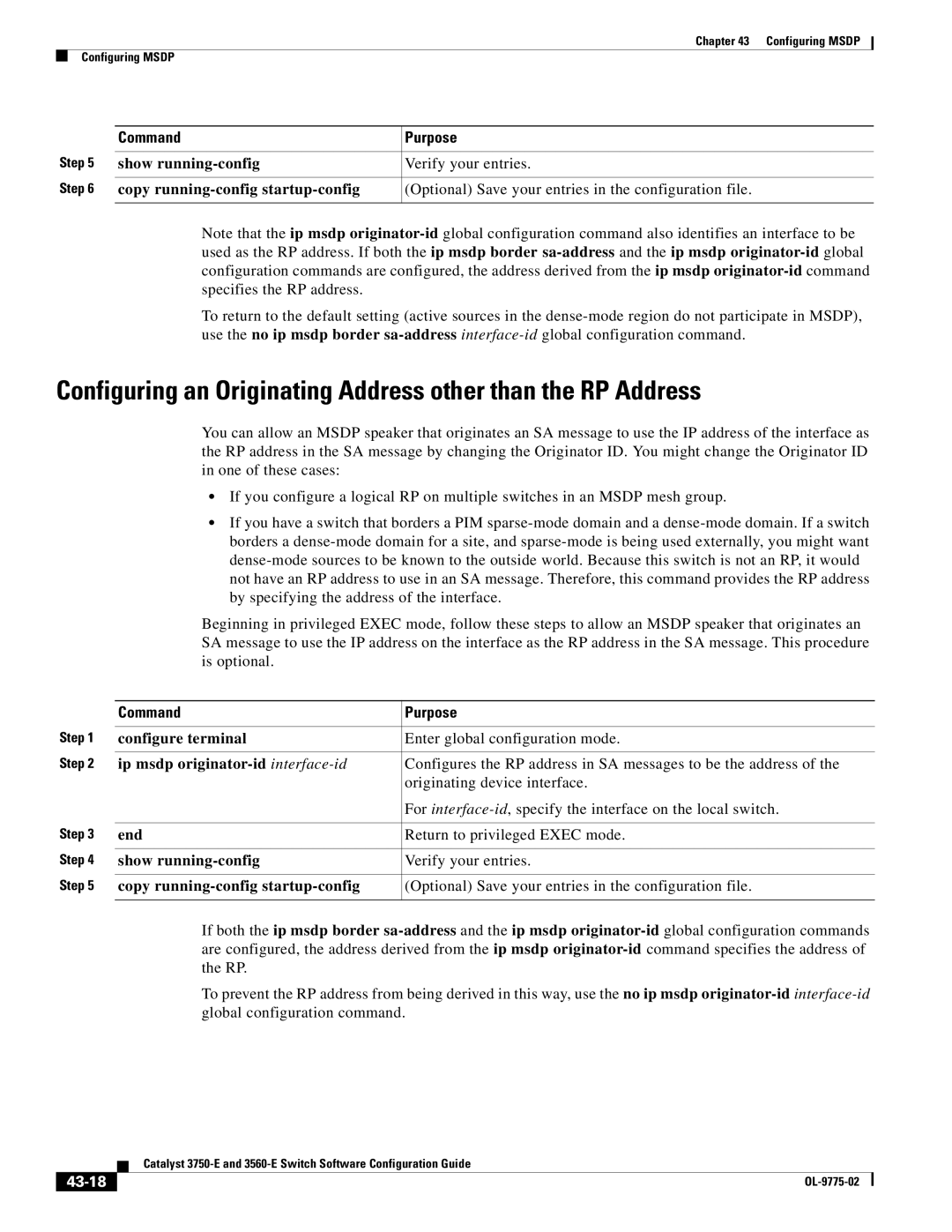 Cisco Systems 3750E manual Configuring an Originating Address other than the RP Address, 43-18 