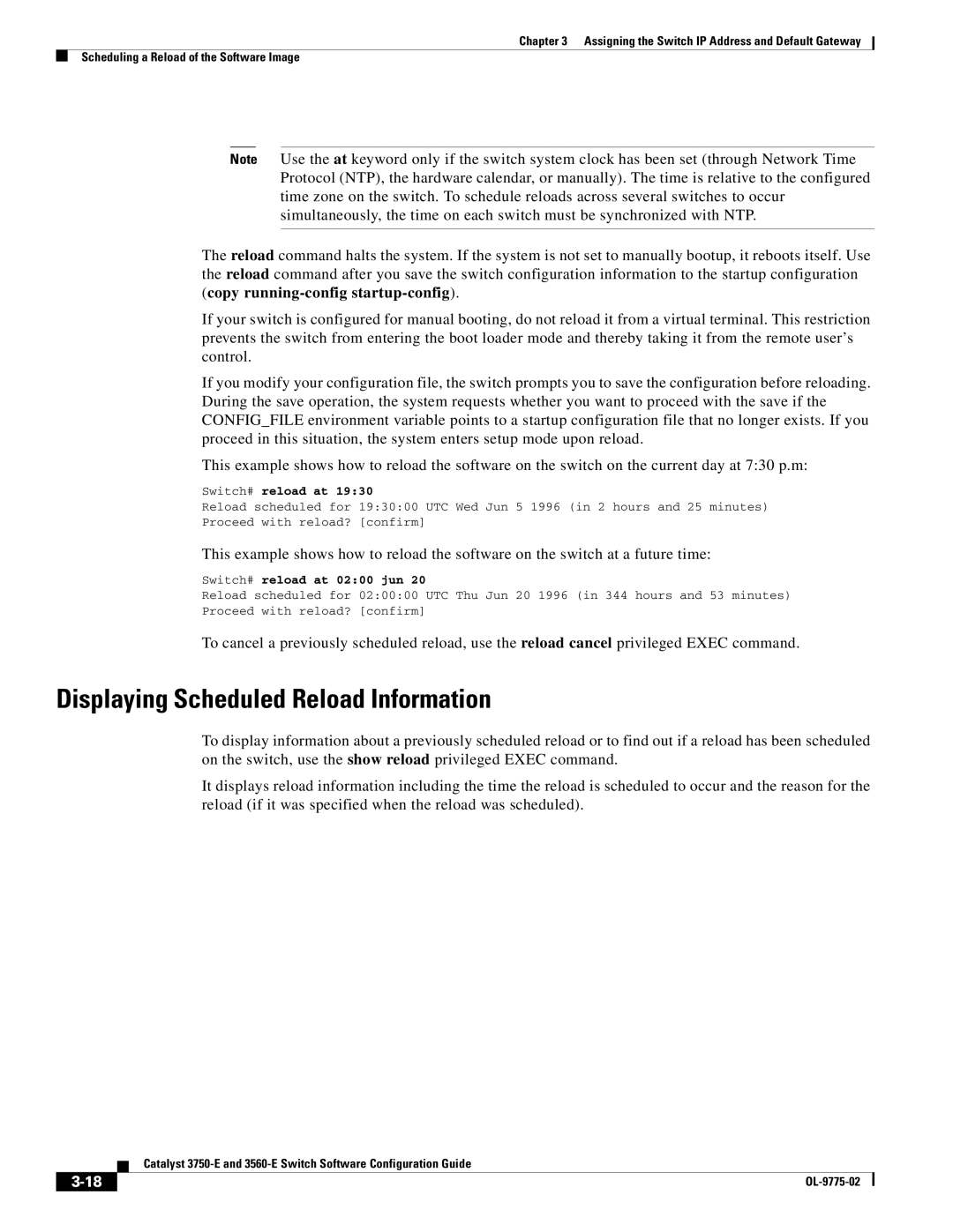 Cisco Systems 3750E manual Displaying Scheduled Reload Information, Switch# reload at 0200 jun 