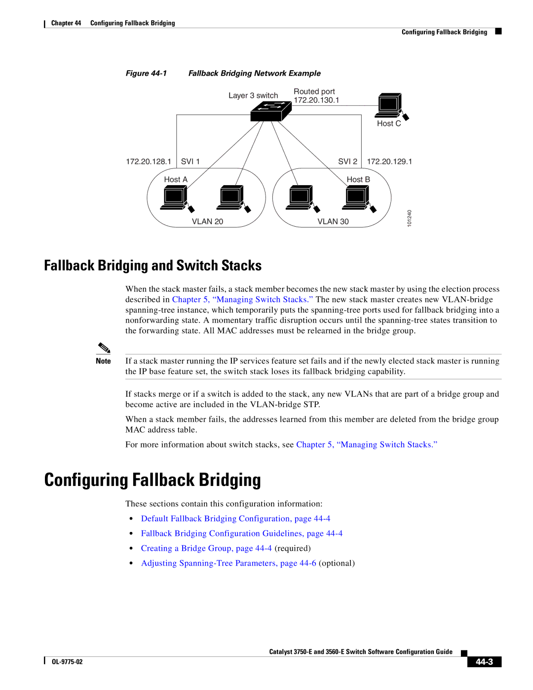 Cisco Systems 3750E manual Configuring Fallback Bridging, Fallback Bridging and Switch Stacks, 44-3 