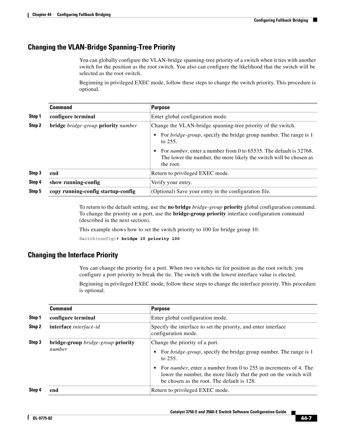 Cisco Systems 3750E manual Changing the VLAN-Bridge Spanning-Tree Priority, Changing the Interface Priority, 44-7 