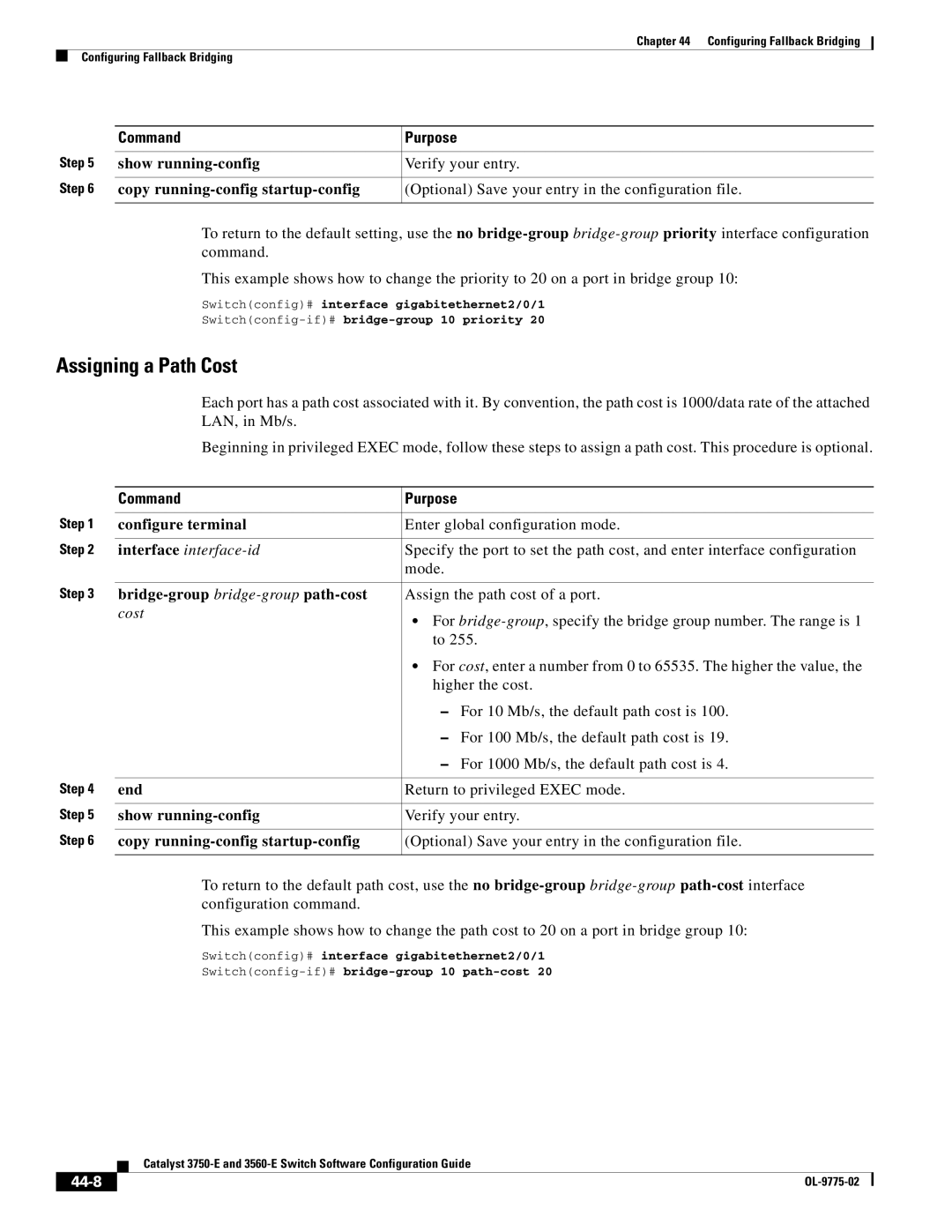 Cisco Systems 3750E manual Assigning a Path Cost, Bridge-group bridge-group path-cost, 44-8 