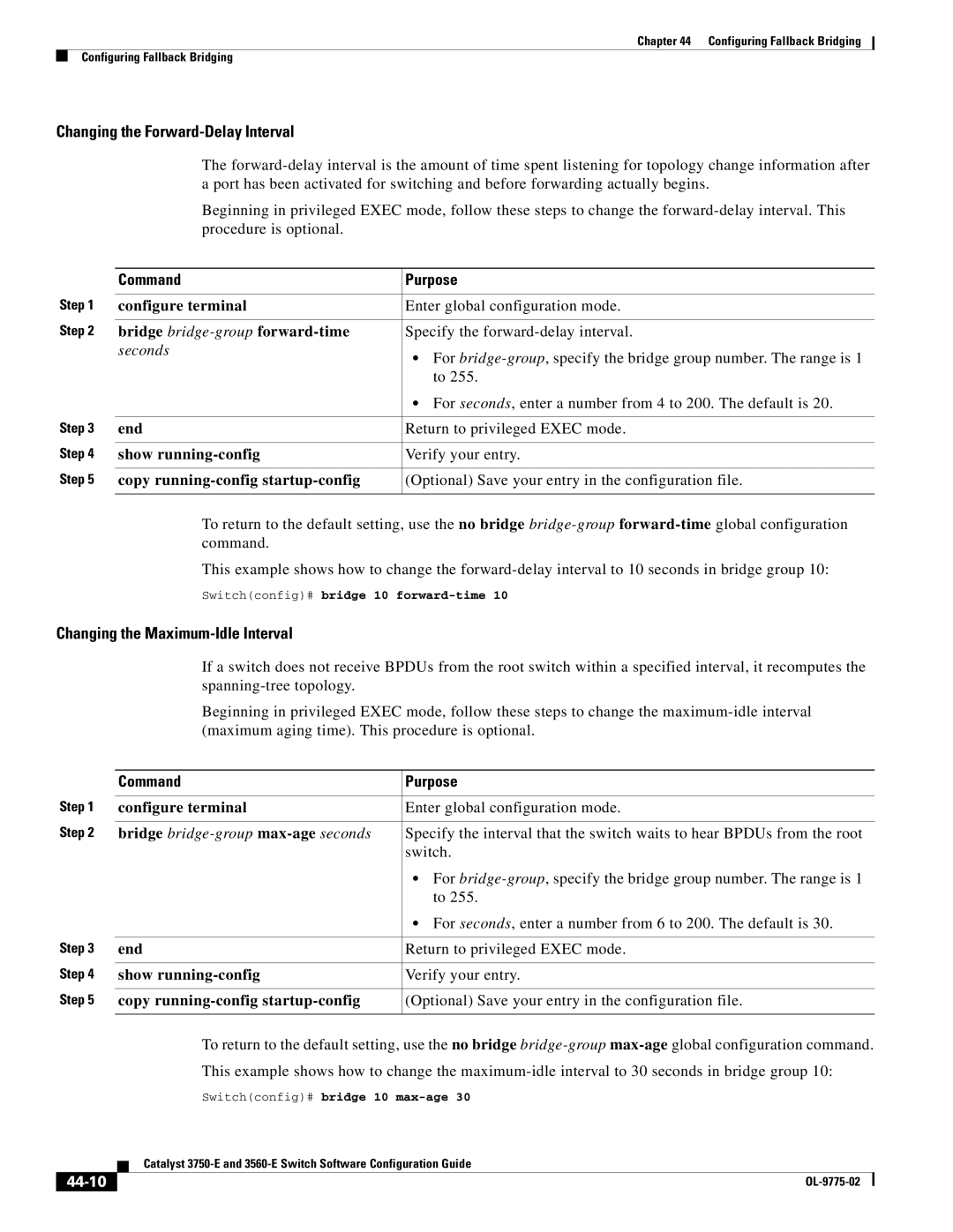 Cisco Systems 3750E manual Bridge bridge-group forward-time, Bridge bridge-group max-age seconds, 44-10 