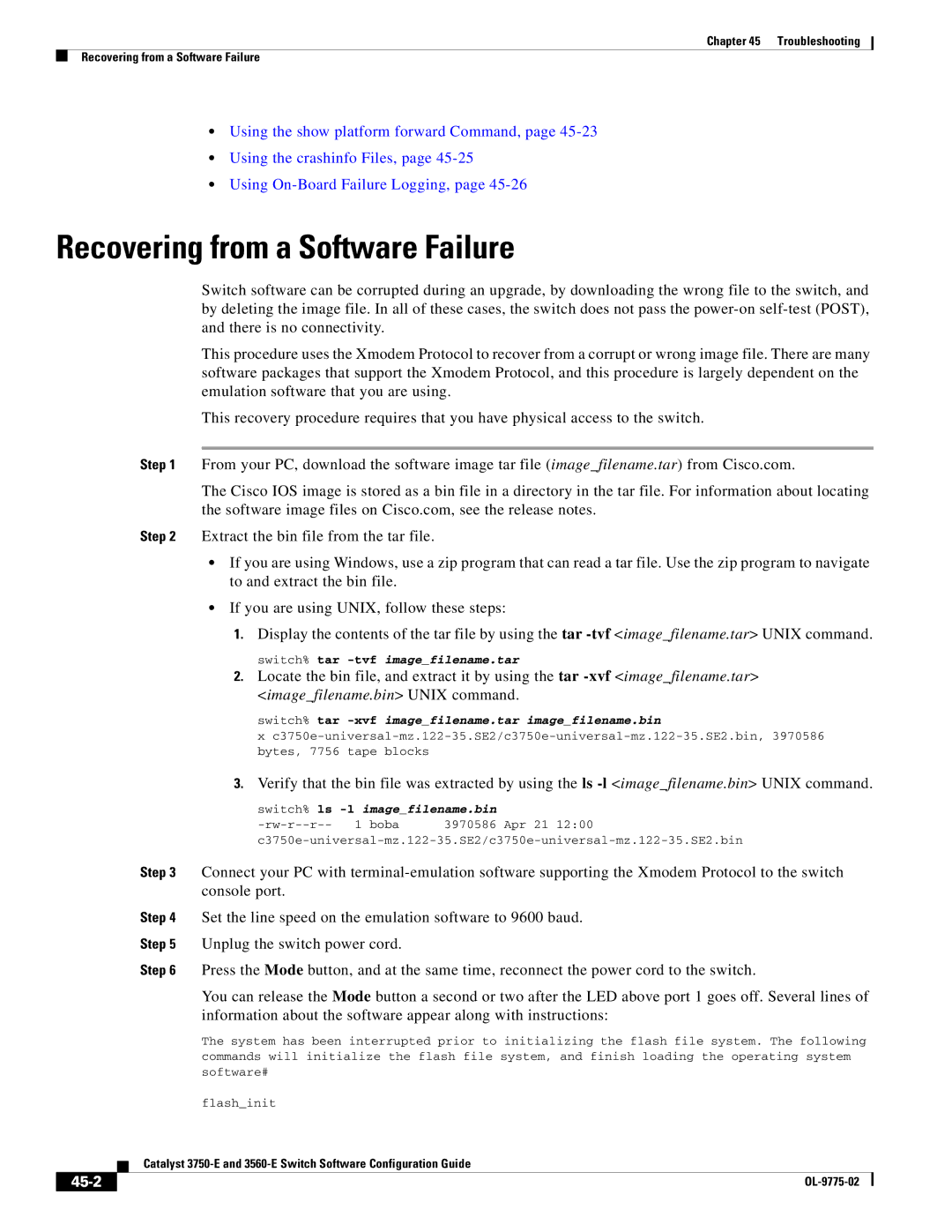 Cisco Systems 3750E manual Recovering from a Software Failure, 45-2 