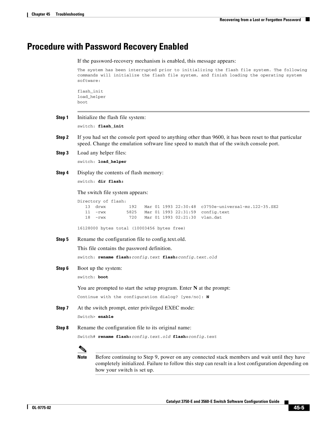 Cisco Systems 3750E manual Procedure with Password Recovery Enabled, 45-5 